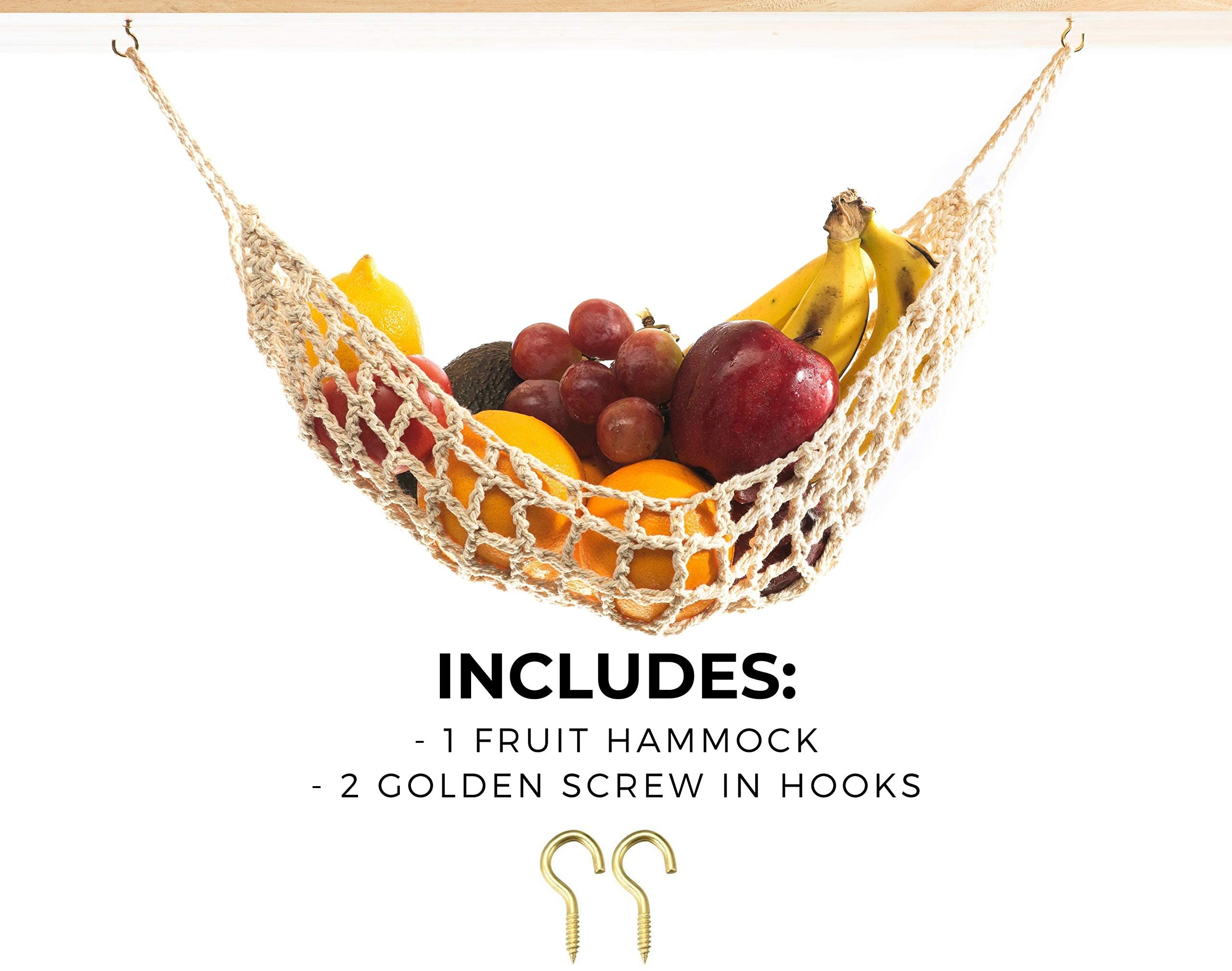 Nomnu Hanging Fruit Hammock - Handwoven Cotton Basket Storage, Beige, Includes 2 Hooks - Boho Kitchen Decor for Home, RV, Camper