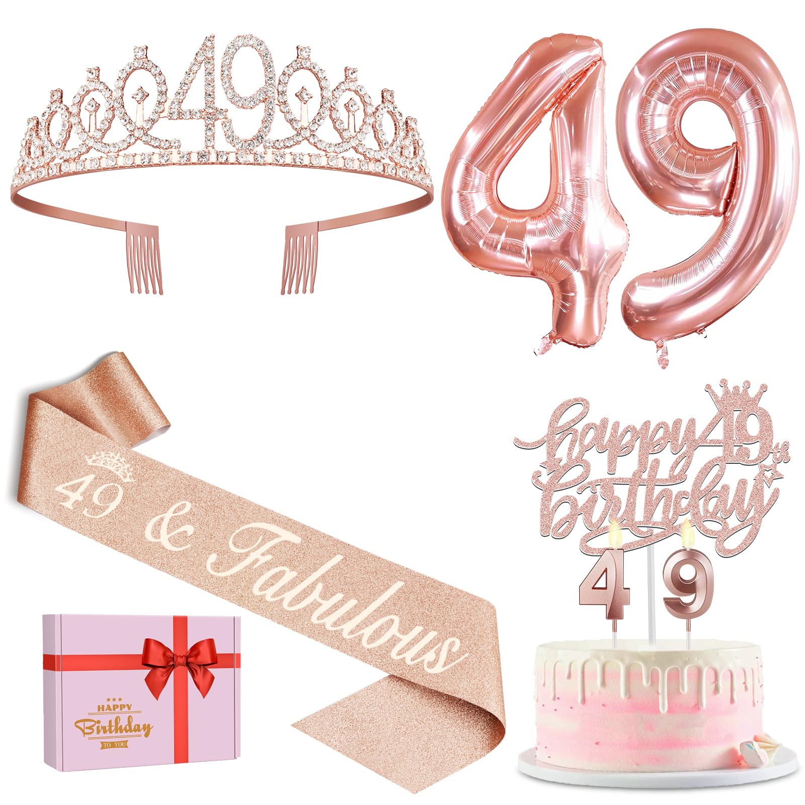 49Th Birthday Gifts For Women, Include 49Th Birthday Sash And Tiara, Birthday Cake Topper And Number 49 Candles, Big 49 Balloons