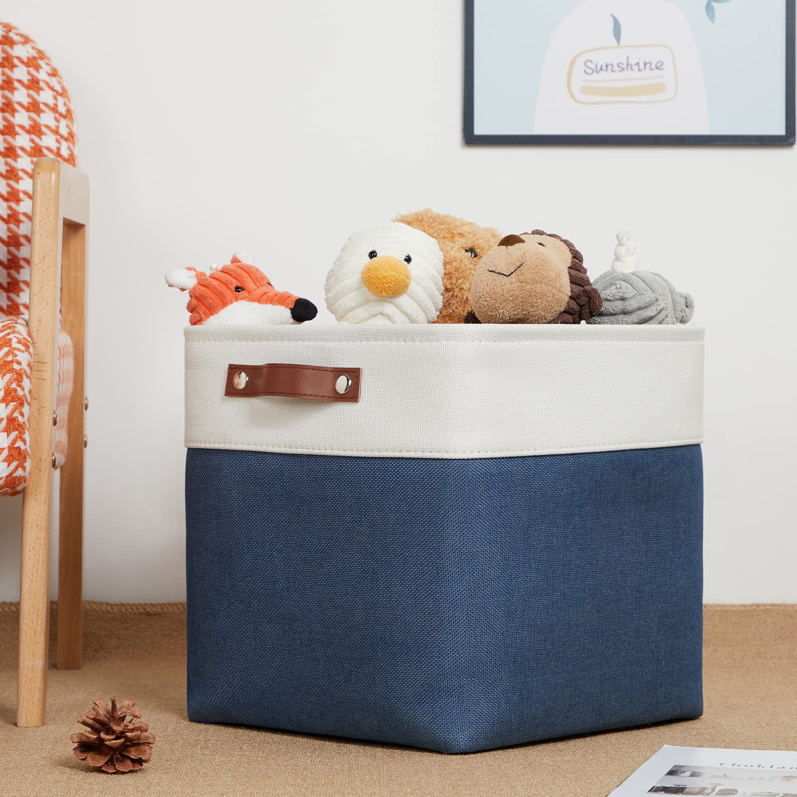 DULLEMELO Foldable Storage Cubes 12 x 12 Organizer Bins Canvas Storage Bins Empty Gift Baskets for Organizing with Durable Leather Handles  Closet Baskets for Nursery Storage(4 Pack - 12 '' White&Blue)