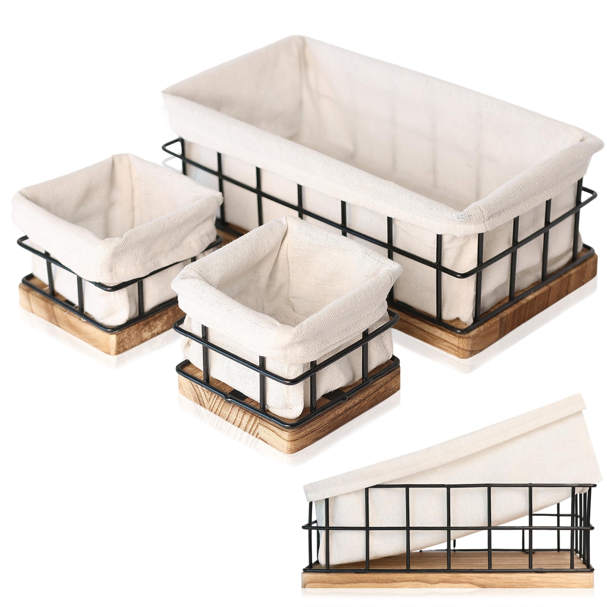 Aura Nest - Set Of 3 Decorative Basket Organizers Sturdy Rustic & Farmhouse Decor Metal Wooden Baskets For Organizing, Home And