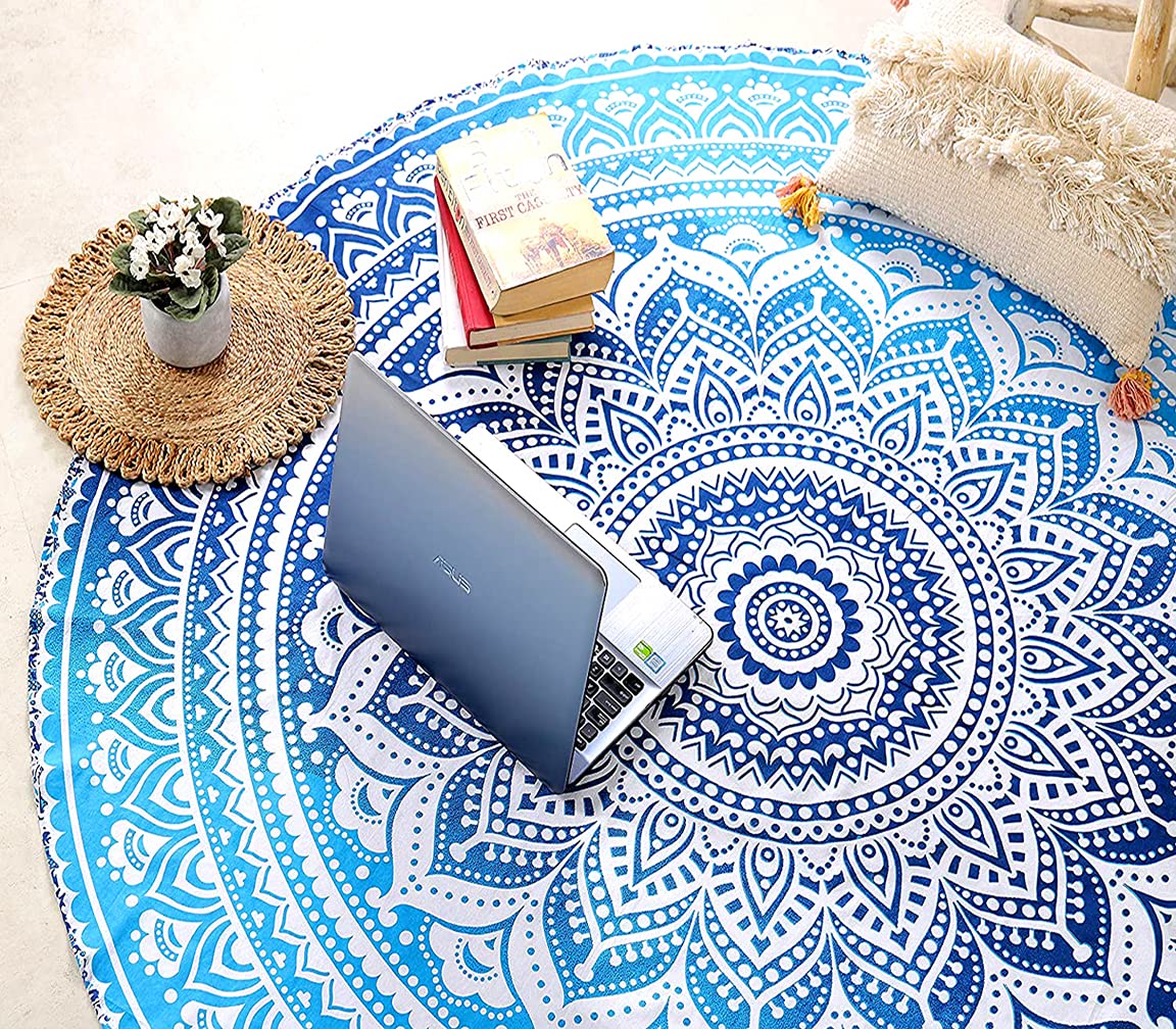 Raajsee Aqua Blue Ombre Round Beach Tapestry Hippie/Boho Beach Blanket Roundie/Indian Cotton Throw Bohemian Round Table Cloth/Yo