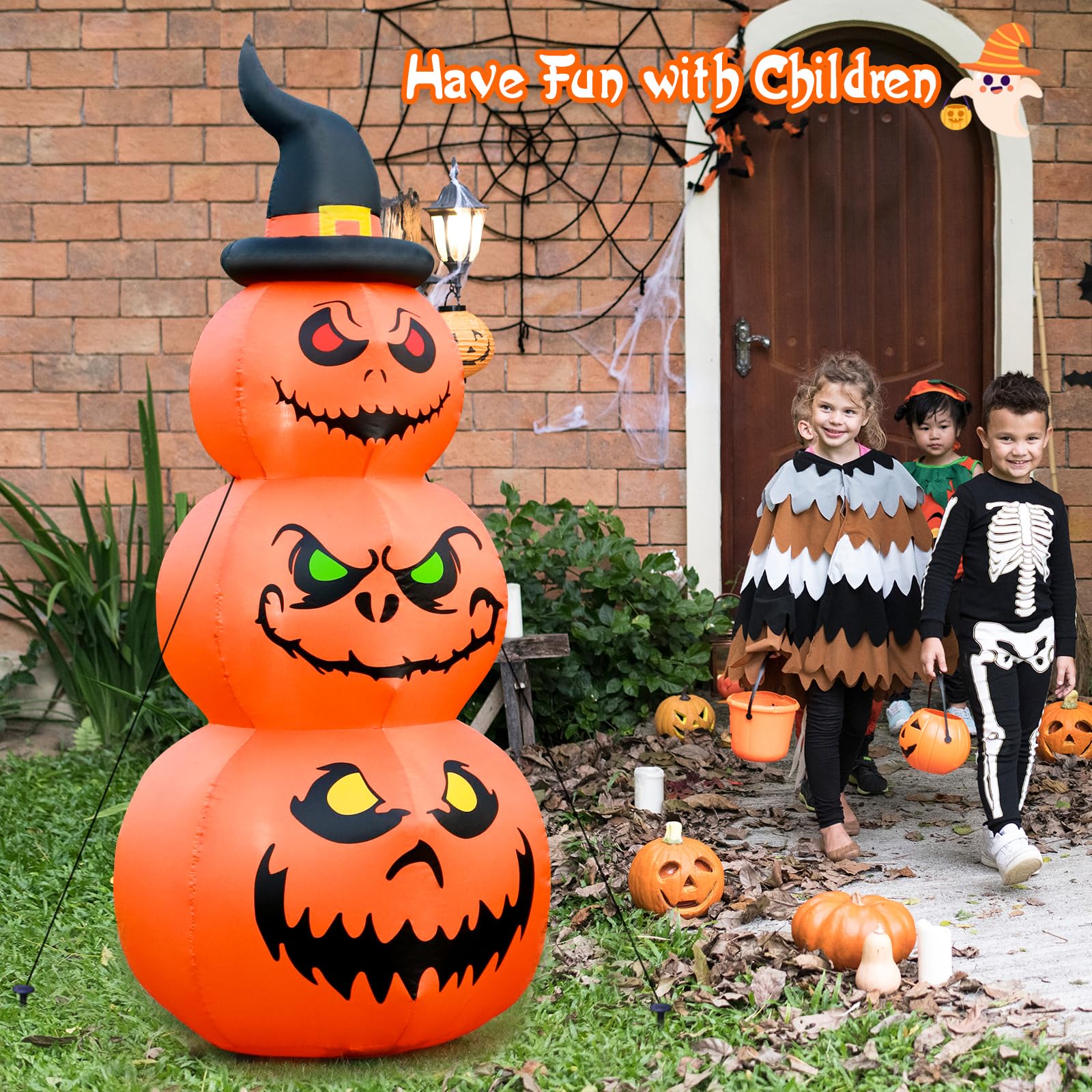 FunFanso 6FT Halloween Inflatable Pumpkins Outdoor Yard Decorations, Blow up Pumpkins with Witchs Hat and Bright LED Lights, Spo