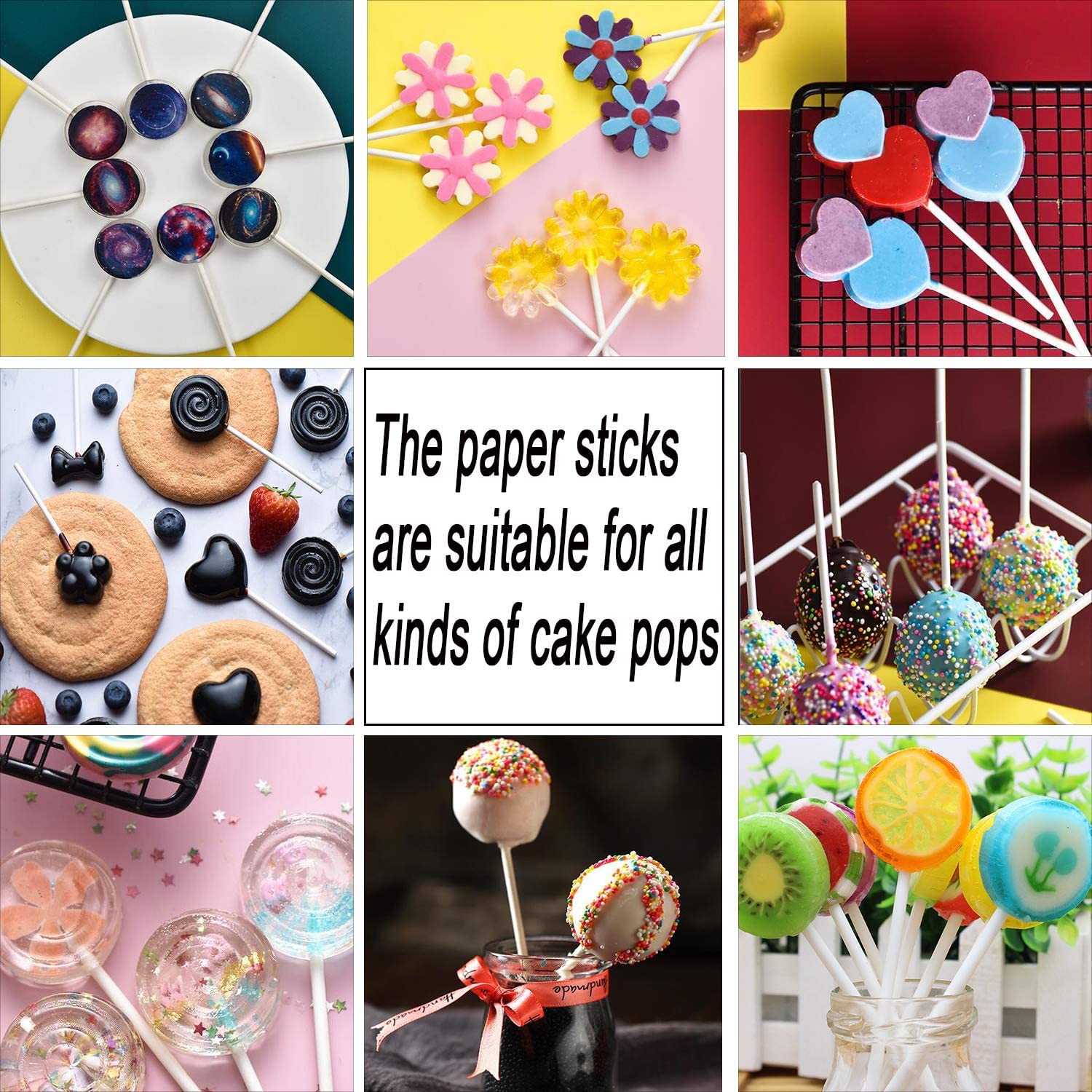 Silver Lollipop Cake Pop Treat Bag Set Including 100Pcs Parcel Bags, 100Pcs Papery Treat Sticks, 100Pcs Colorful Metallic Twist