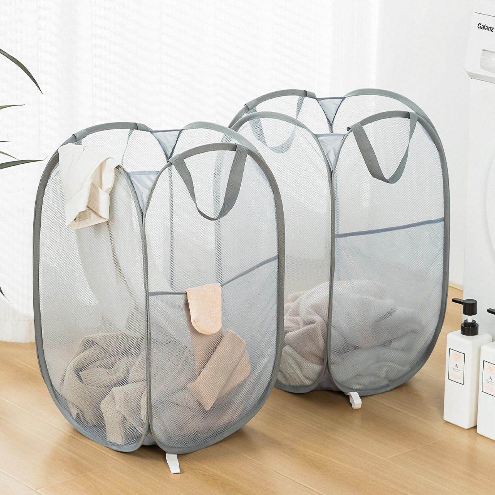 Collapsible Mesh Laundry Basket,Pop Up Laundry Hamper-Easy Storage, Ideal For Home And Travel Use (2 Light Gray)