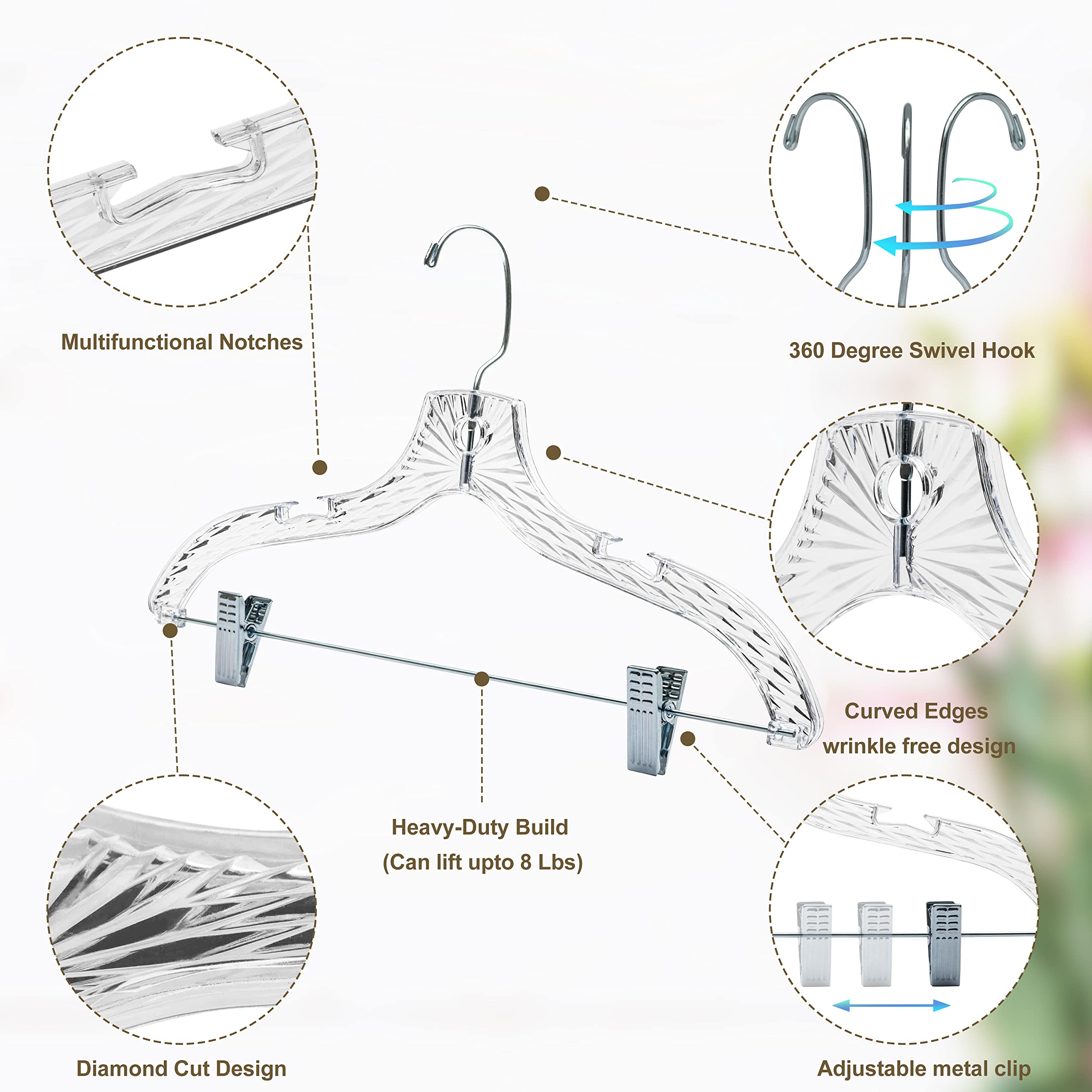 Quality Hangers 12 Pack Clear Plastic Skirt Hangers - Crystal Cut Pants Hangers - Durable Plastic Hanger Set - Dress Hangers Wit