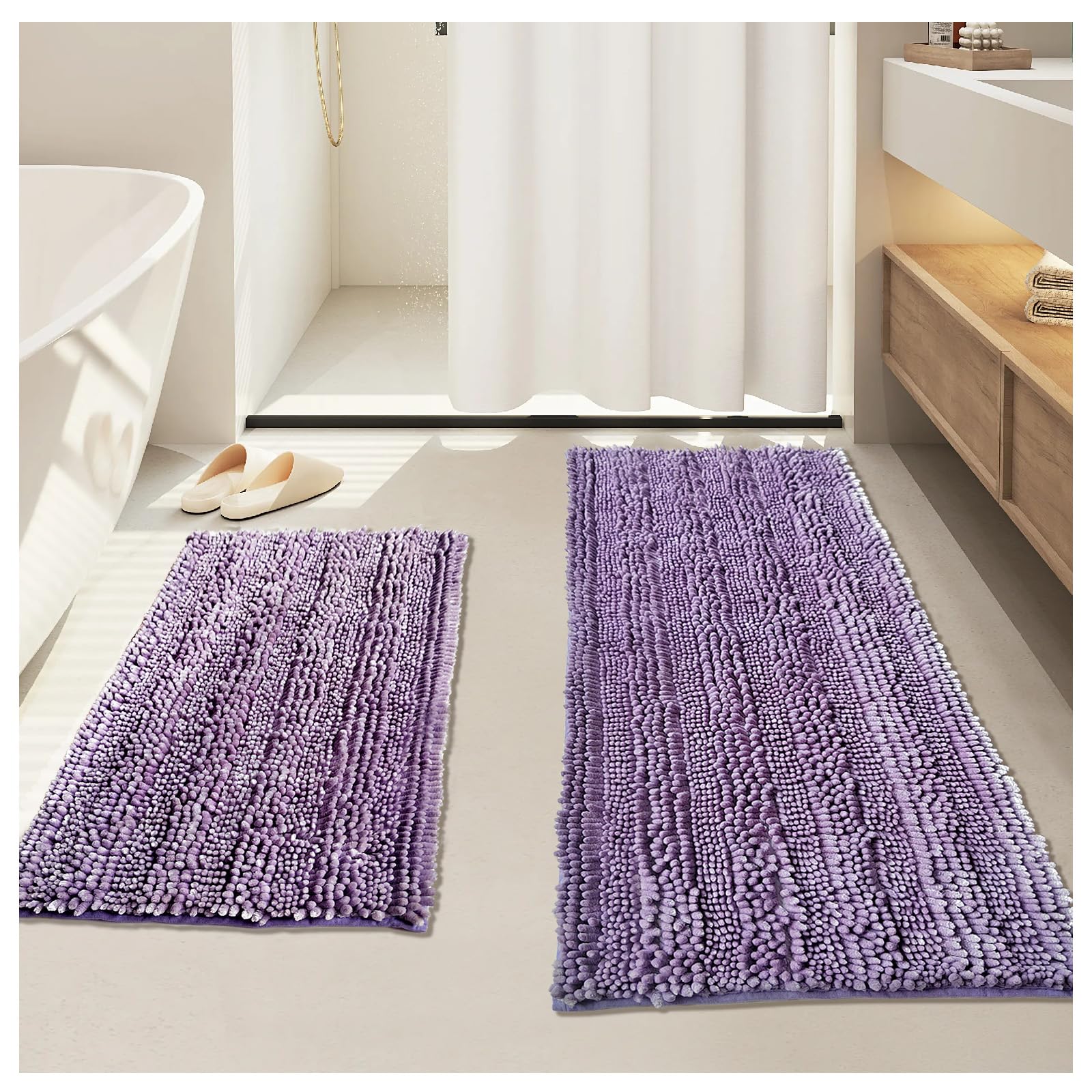Civkor Bath Mats For Bathroom Purple, Bathroom Rugs Runner Long,Chenille Bathroom Rug Set 47X20 Plus 31X20 Non Slip Backing Extr
