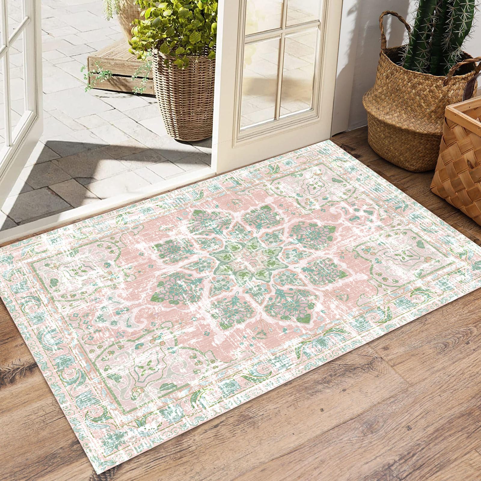 Vhong Boho Area Rugs Vintage Washable Neutral Modern Dusty Pink and Green 4x6 Non Slip Carpet for Nursery Living Room Dining Roo