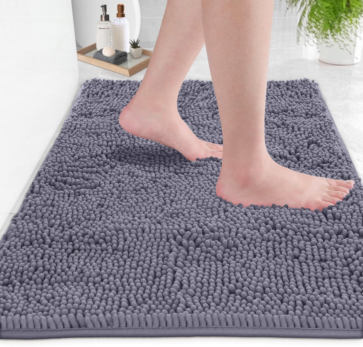 Luxurux Chenille Bath Rugs Mat Non-Slip Bathroom Rug Shag Shower Mat Machine-Washable Bath Mats With Water Absorbent Soft Microf