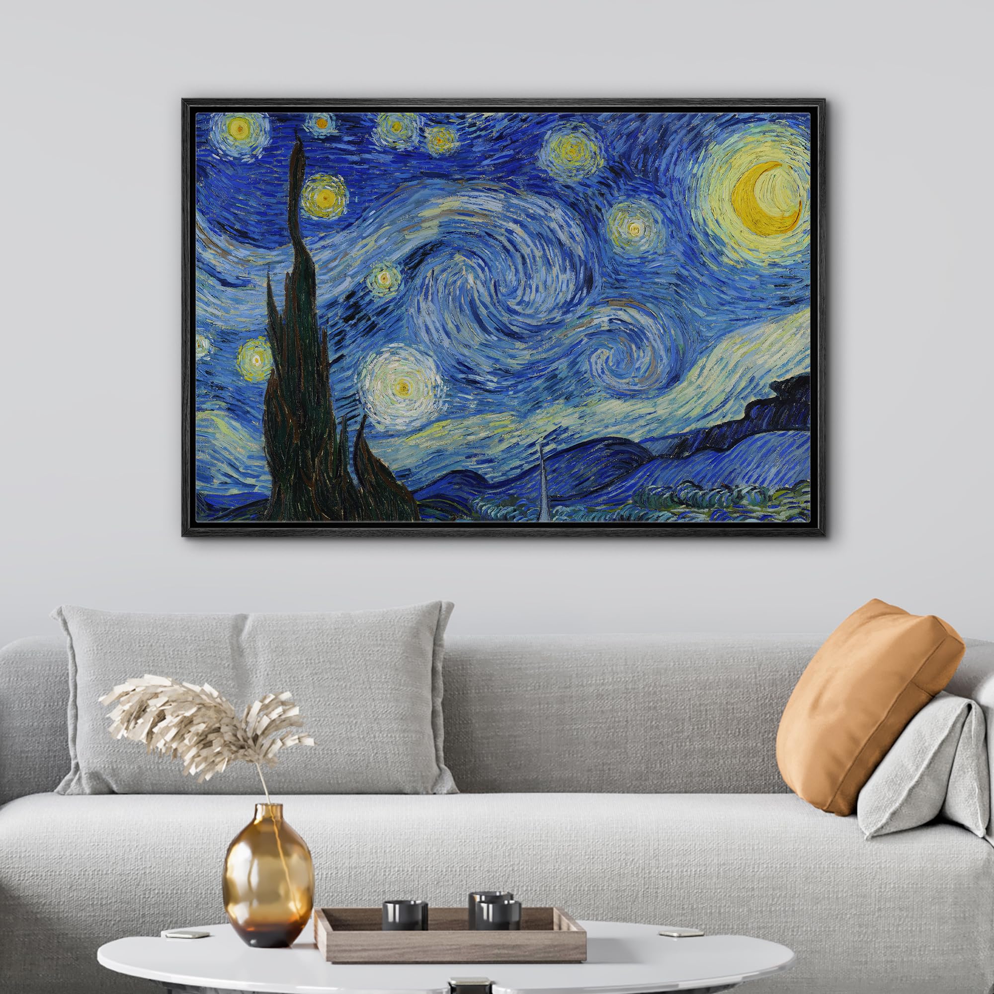 Wall26 - Starry Night By Vincent Van Gogh - Framed Canvas Art Wall Art - 24''X36'' Black