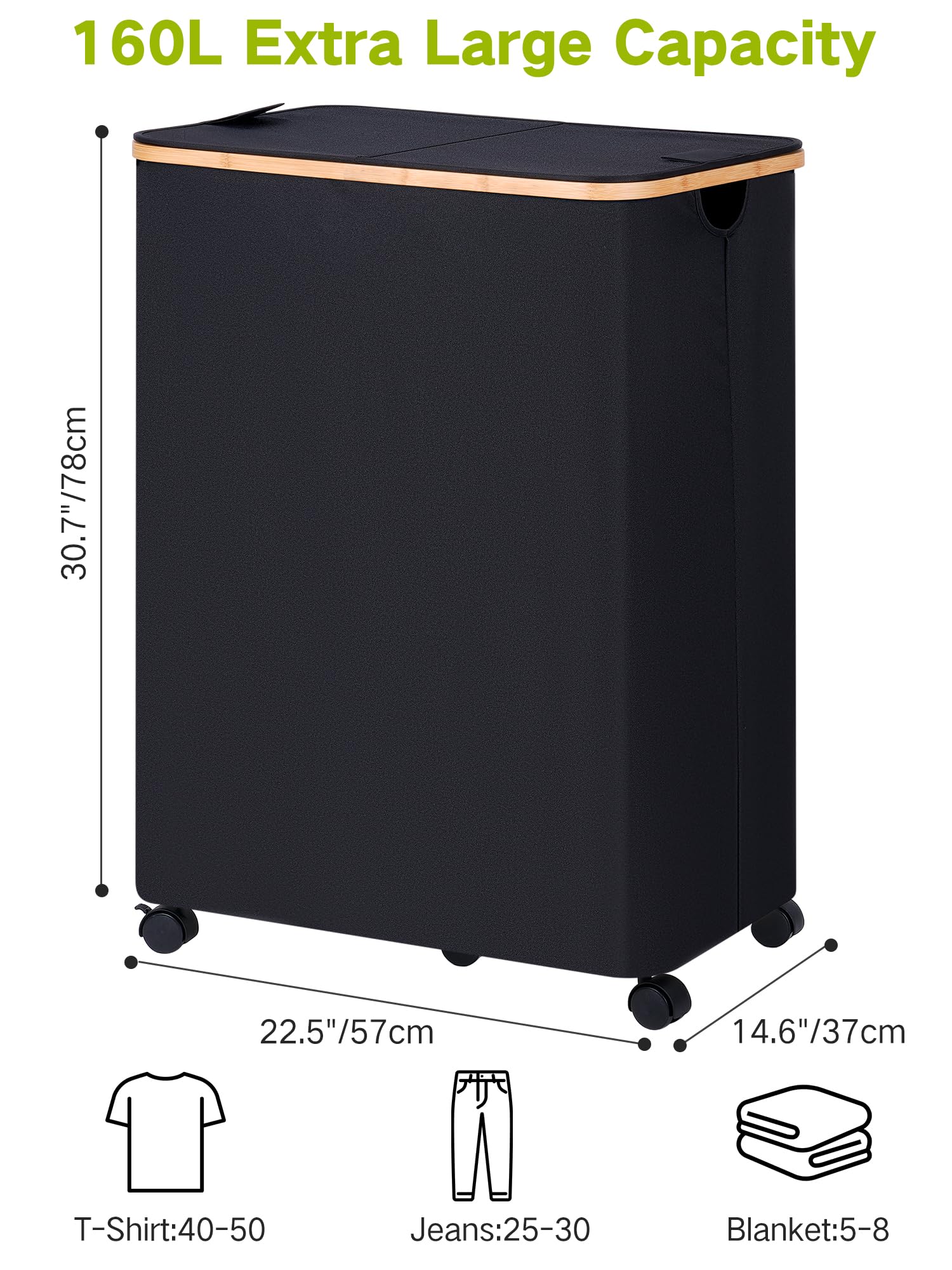 Efluky Double Laundry Hamper With Wheels, Divided Laundry Hamper With Removable Bags, 2 Section Dirty Clothes Basket With Handle