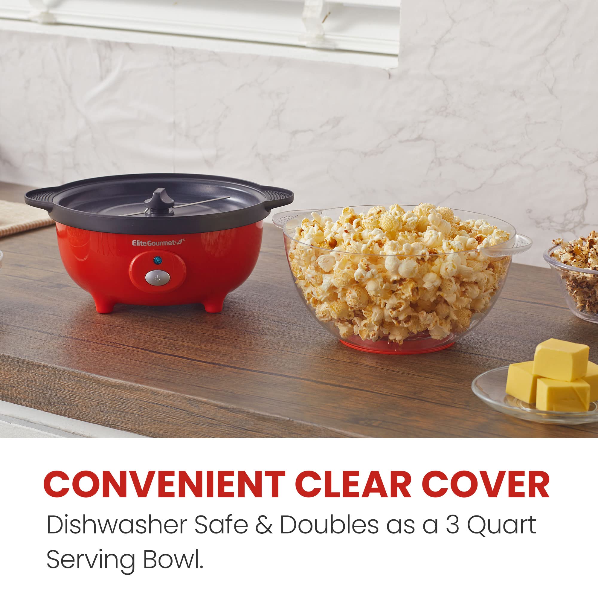 Elite Gourmet EPM330R 3Qt. Automatic Popcorn Maker, Red, Hot Oil Machine with Measuring Cap & Reversible Serving Bowl, ETL Approved
