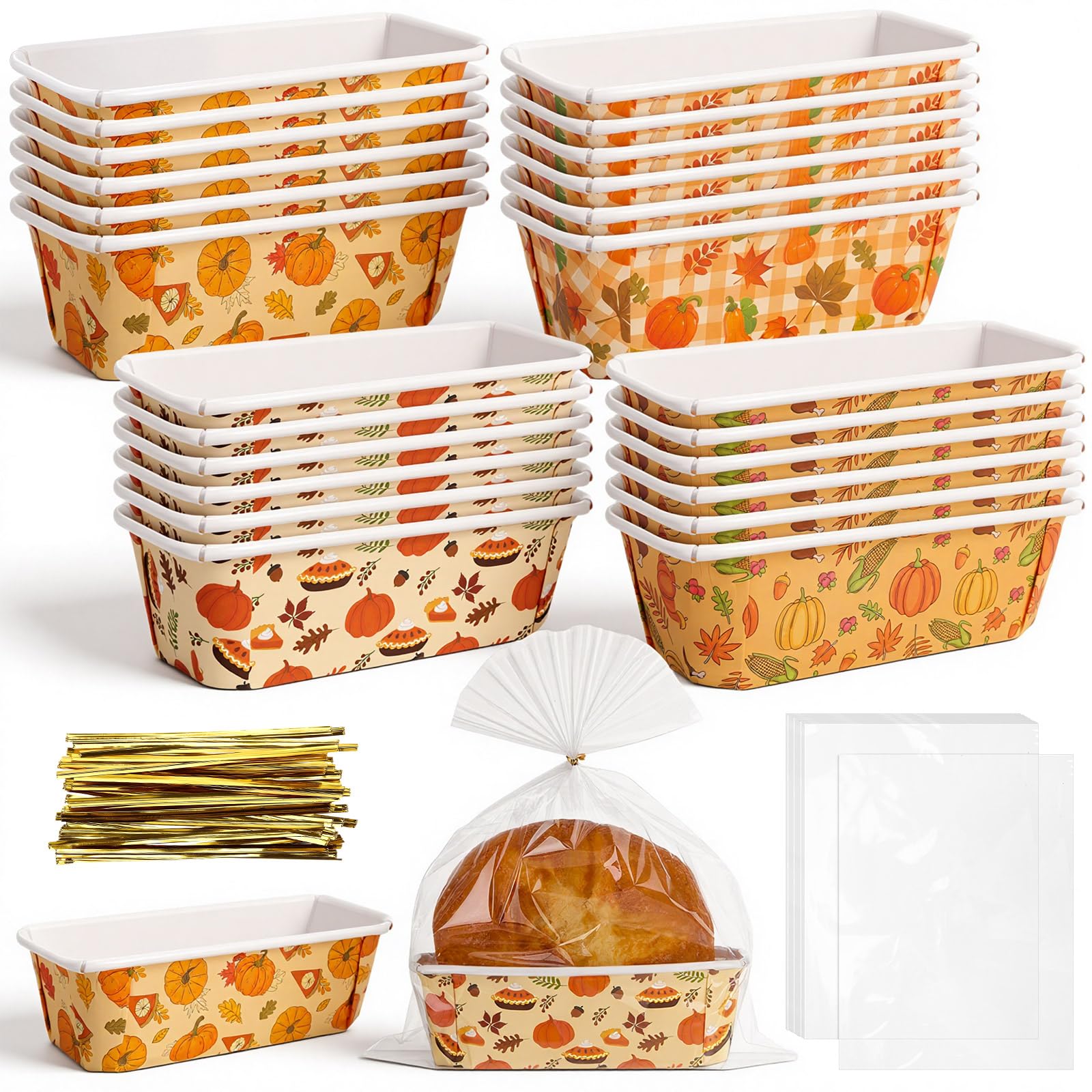 Tiangrid 24 Sets Fall Paper Loaf Pan 6.3 x 2.2 x 2.2 Inch Disposable Mini Cake Pan with Clear Plastic Bags and Ties Rectangular 
