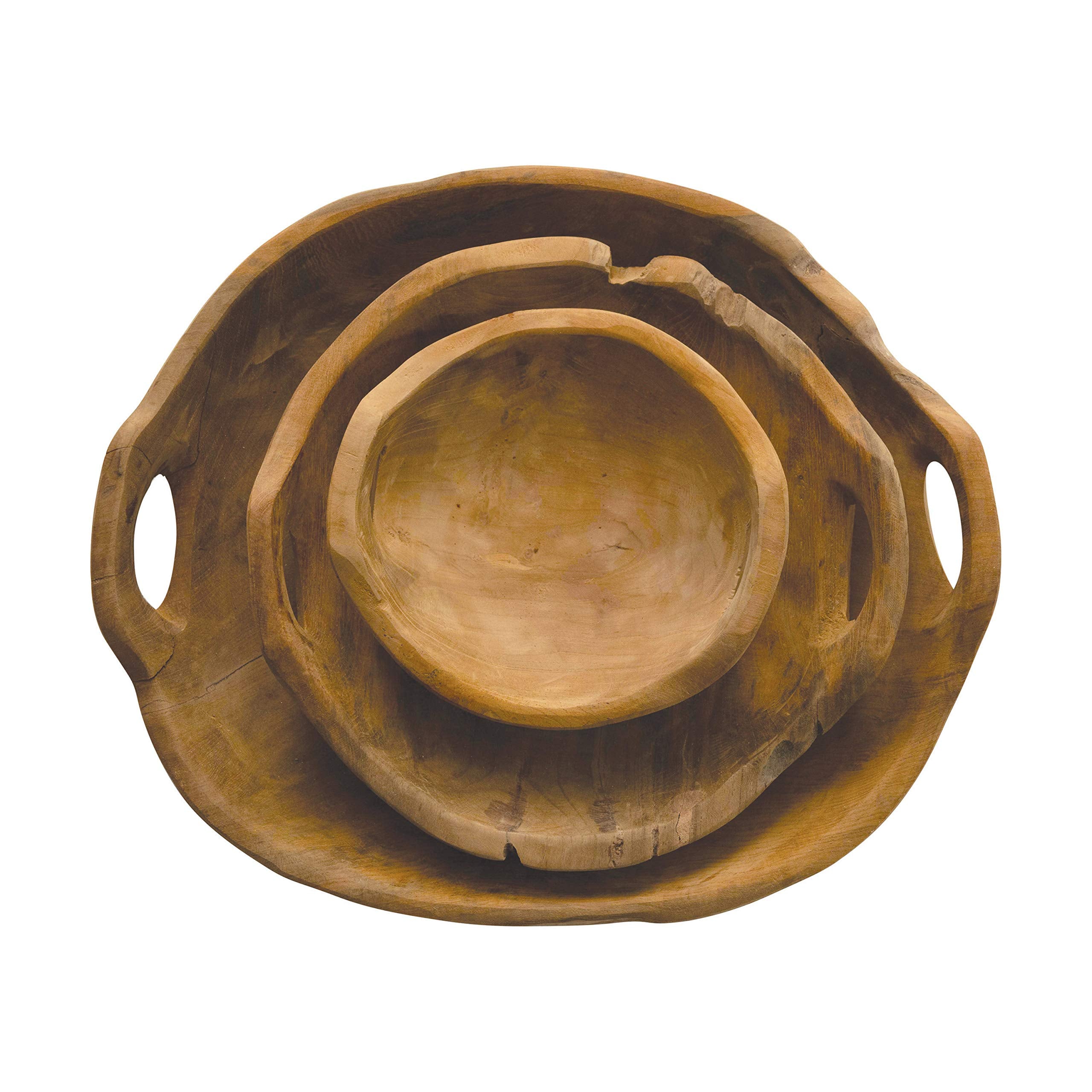 Creative Co-Op Teak Wood Handles, Set Of 3 (Each One Will Vary) Bowl, Natural, 3