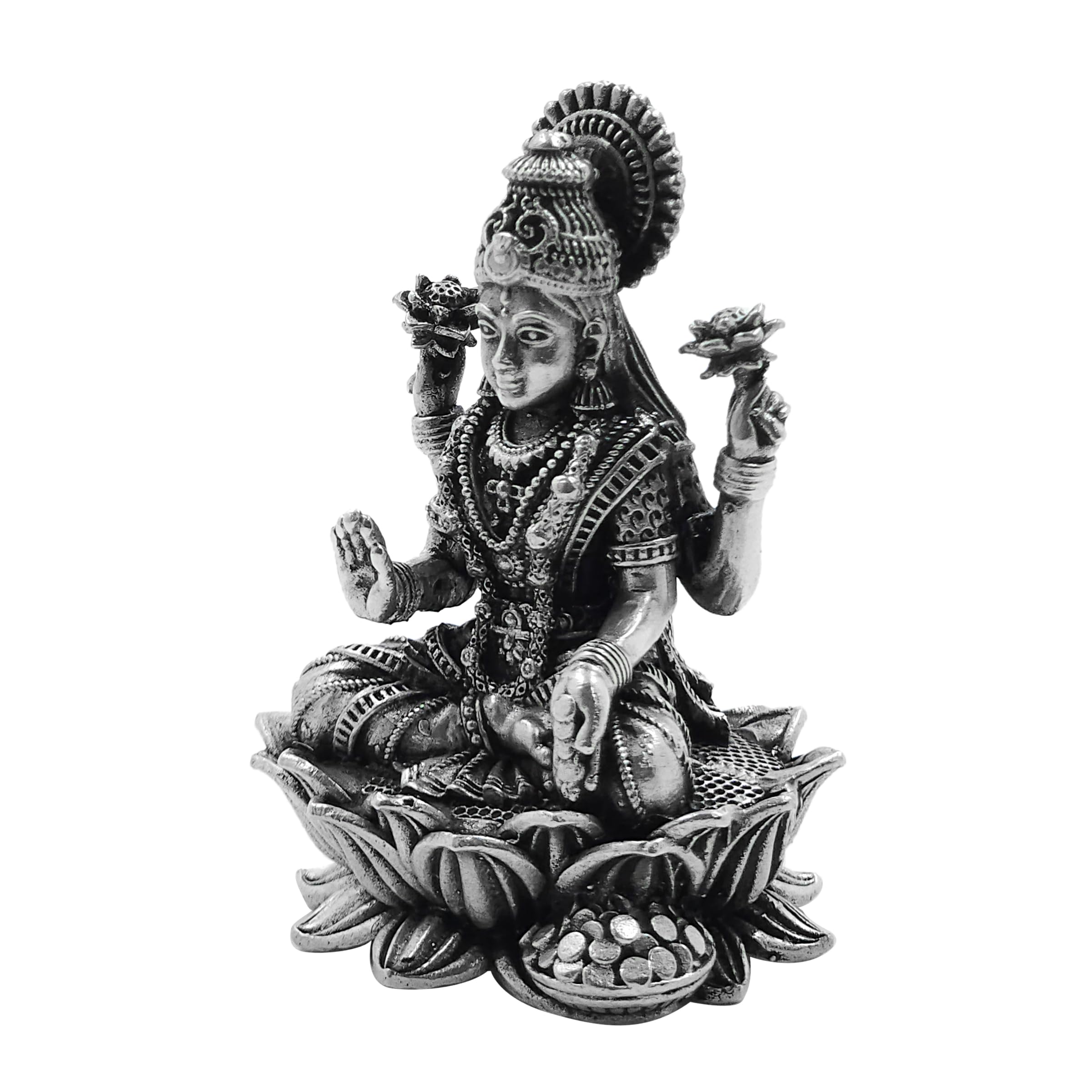 Maa Silver Pure Silver Goddess Lakshmi/Laxmiji Semi-Solid Idol/Murti On Lotus/Kamal With Antique Oxidized Finish Perfect For Poo