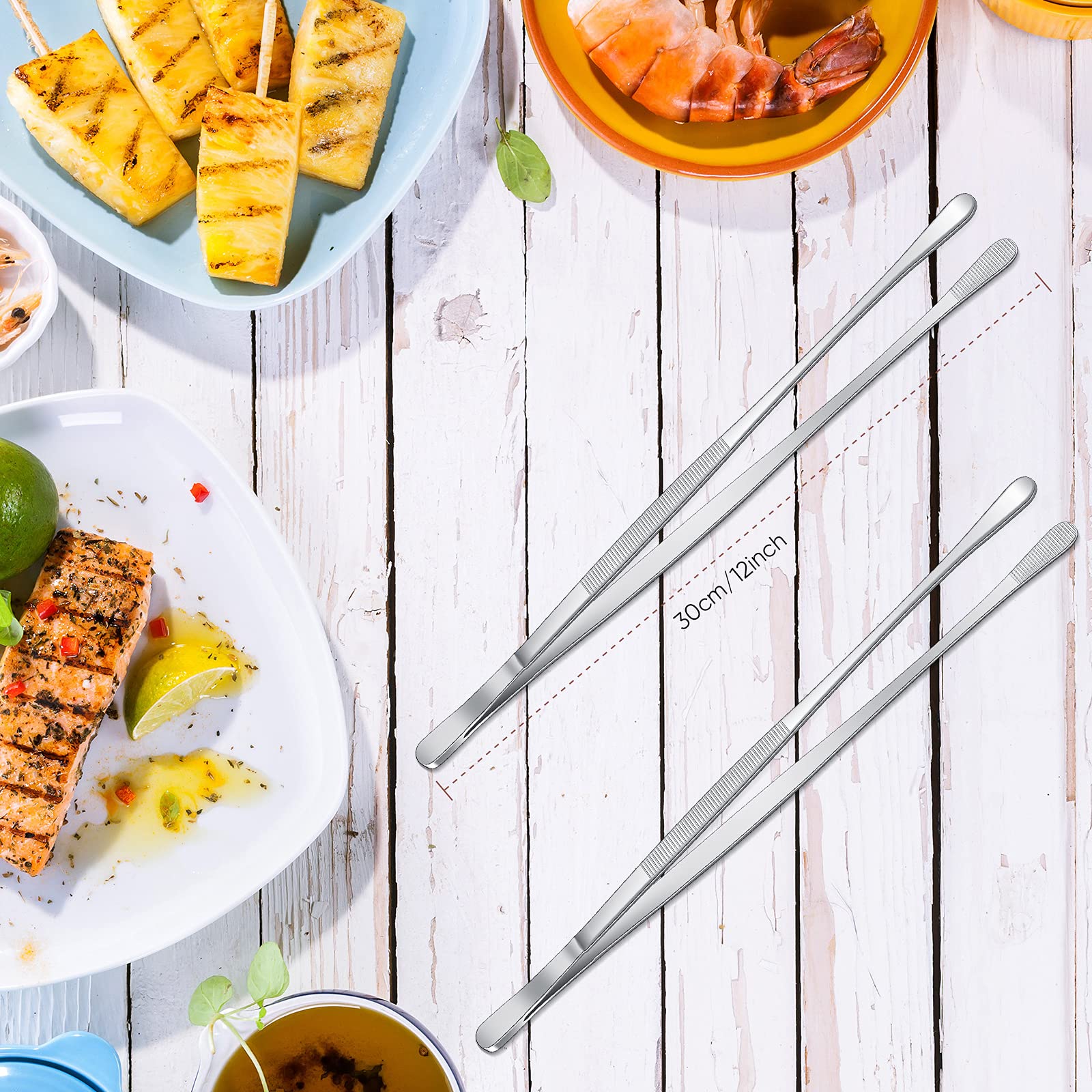 2 Pieces 12 Inch Tweezer Tongs Extra-Long Kitchen Tweezers Stainless Steel Cooking Tweezers With Round Tip Kitchen Cooking Tweez