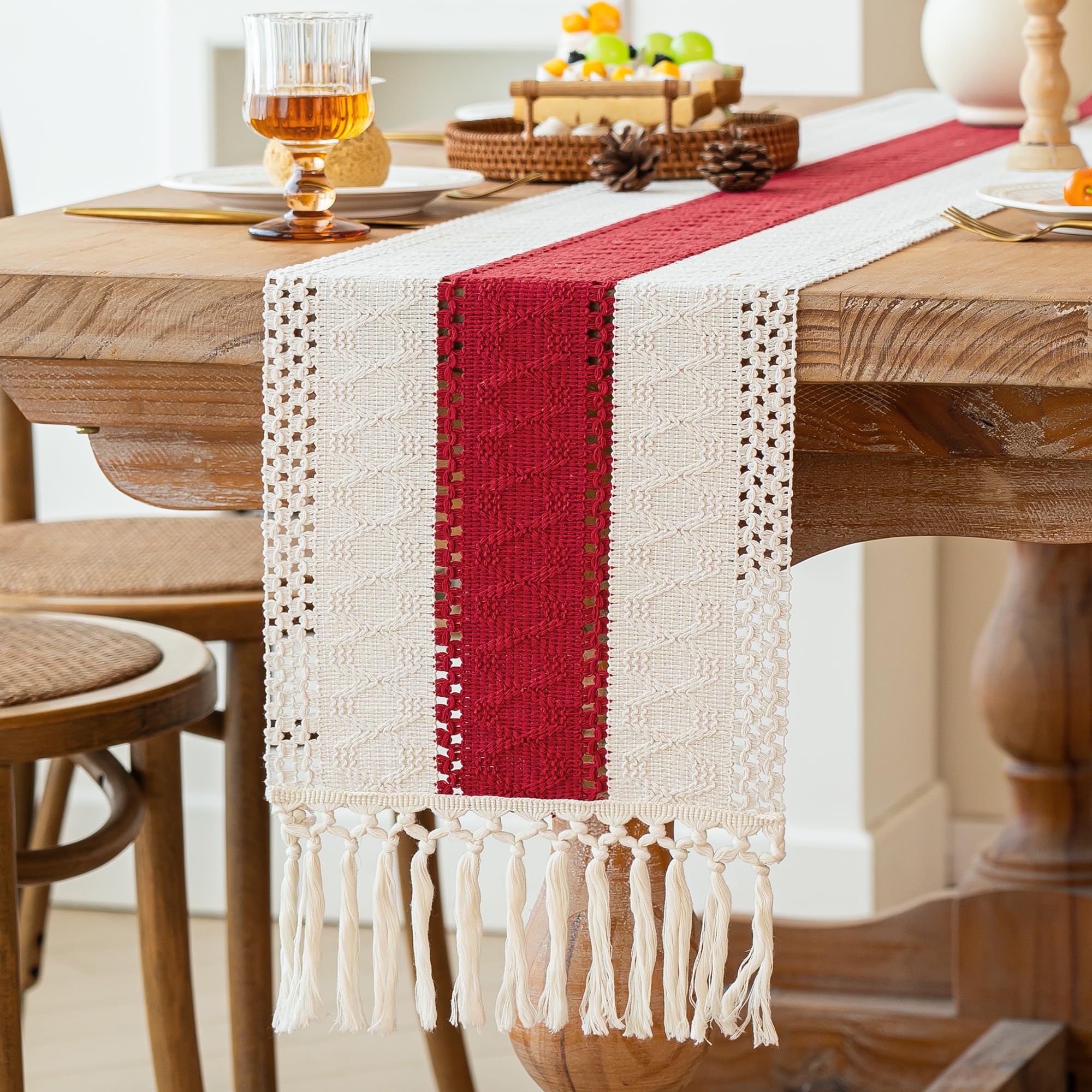 FEXIA Christmas Table Runner for Home Decor with Tassels 72 Inches Long Farmhouse Red Rustic Boho Table Runner Macrame Burlap Ta
