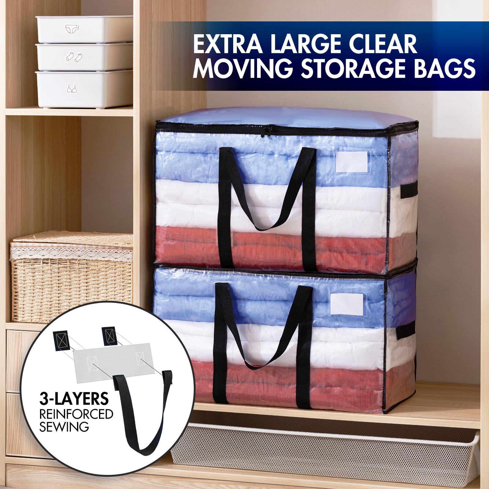 Taili Extra Large Moving Bags, 2 Pack Clear Heavy Duty Totes For Storage, Wrap Around Handles, Storage Bags For Space Saving Mov