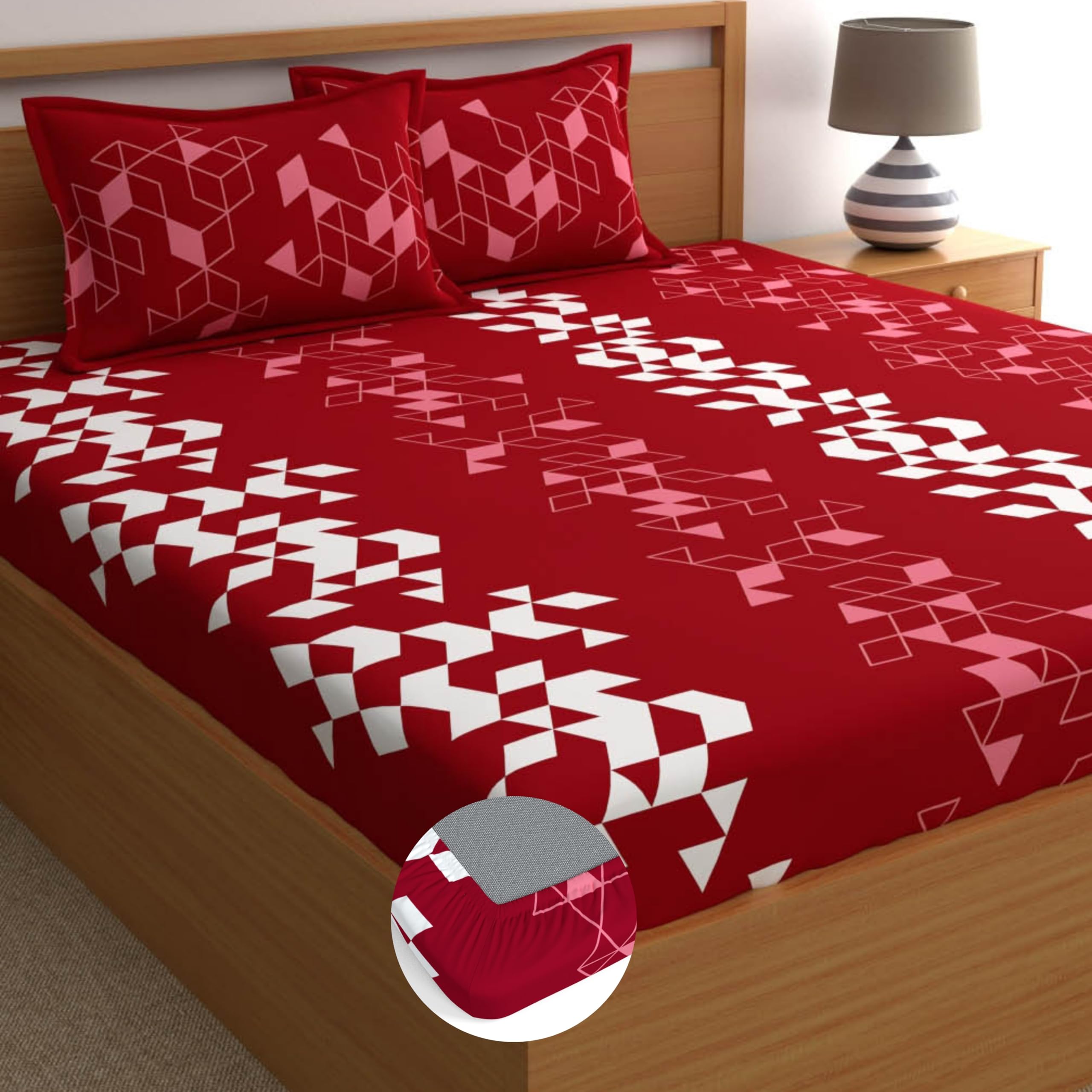 Dreamscape 100% Cotton King Fitted Bedsheet With 2 Pillow Covers - (Size 72 X 78 Inches, 140Tc, Colour - Red)