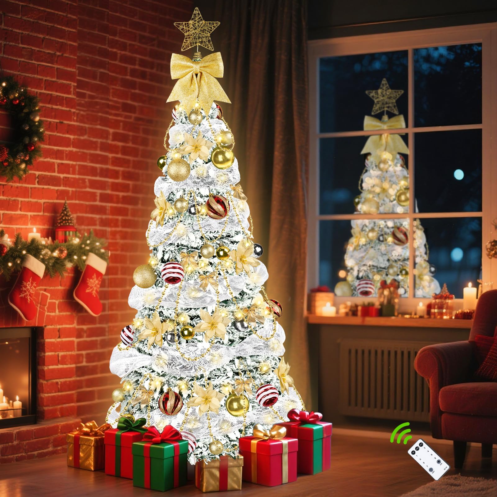 Pop Up Christmas Tree with Lights, 6FT Collapsible Artificial Christmas Tree with 8 Lighting Modes and Remote Control Timer, Pre