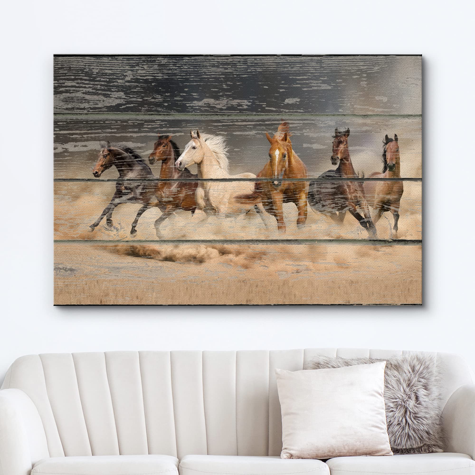 Wall26 Canvas Print Wall Art Galloping White, Brown & Black Horses Animals Wildlife Wood Panels Photography Rustic Scenic Colorf