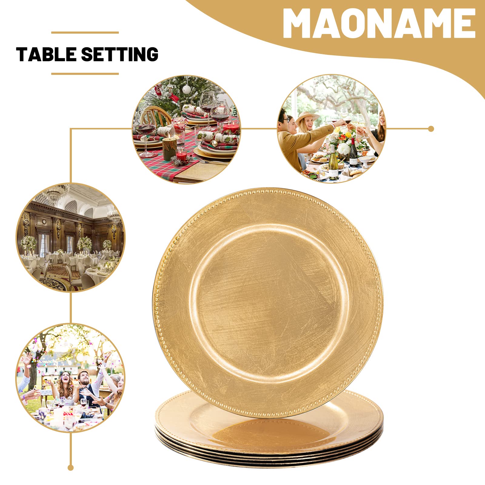 Maoname Foil Gold Charger Plates With Beaded, 13'' Plate Chargers For Dinner Plate, Plastic Round Chargers For Table Setting, Se
