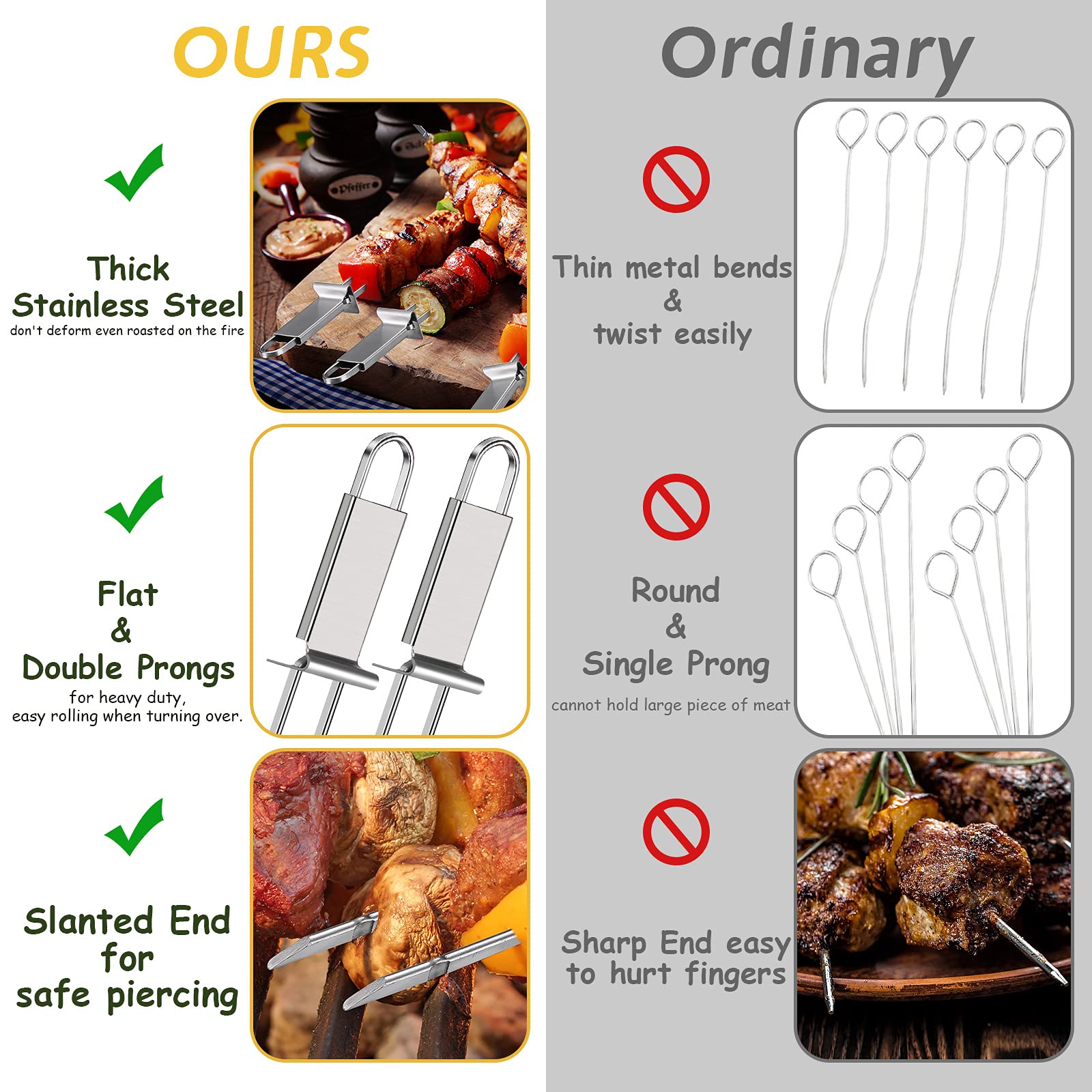 Lallisa Kabob Skewer For Grilling, Metal Stainless Steel Bbq Stick With Push Bar, Double Pronged Kebab Tool Quick Release Meat,