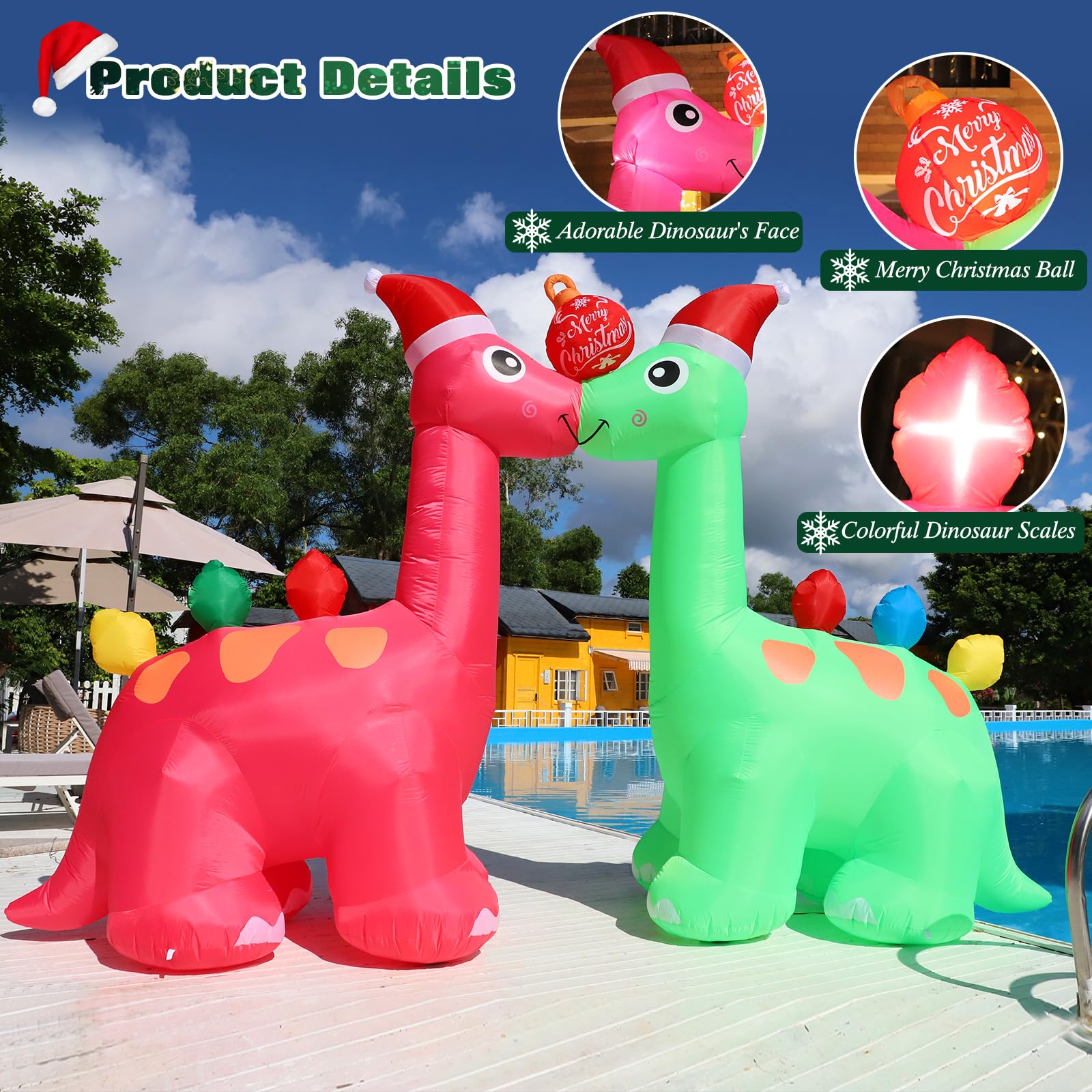 FunFanso 14 FT Long Christmas Inflatable Decoration Two Dinosaurs Archway with Xmas Ball, Giant Blow up Dinosaurs with Powerful