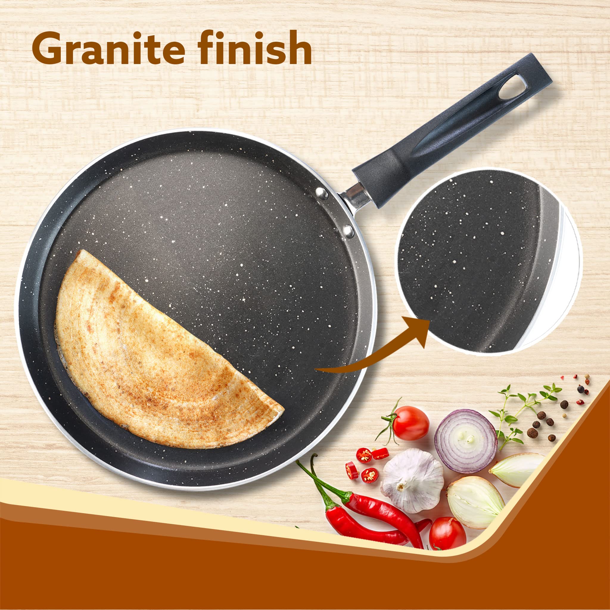 AGARO Elegant Non Stick Tawa, 28 cm Diameter, Induction and Gas Oven Friendly, Riveted Cool Touch Handle, Granite Finish, PFOA F