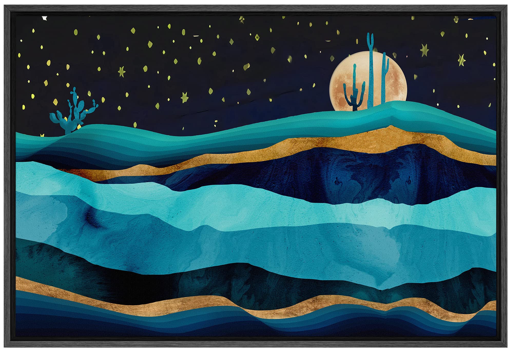 Signford Framed Canvas Print Wall Art Gold Teal Moon Marble Mountain Range Nature Wilderness Illustrations Modern Art Rustic Zen