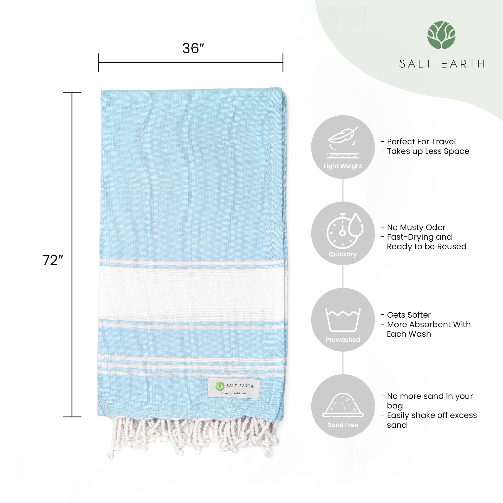 Salt Earth Cotton Turkish Beach Towel, Bath Towels Set Of 2 Large, Towels For Bathroom, Beach Essentials,Gym Towels, Quick Dry T