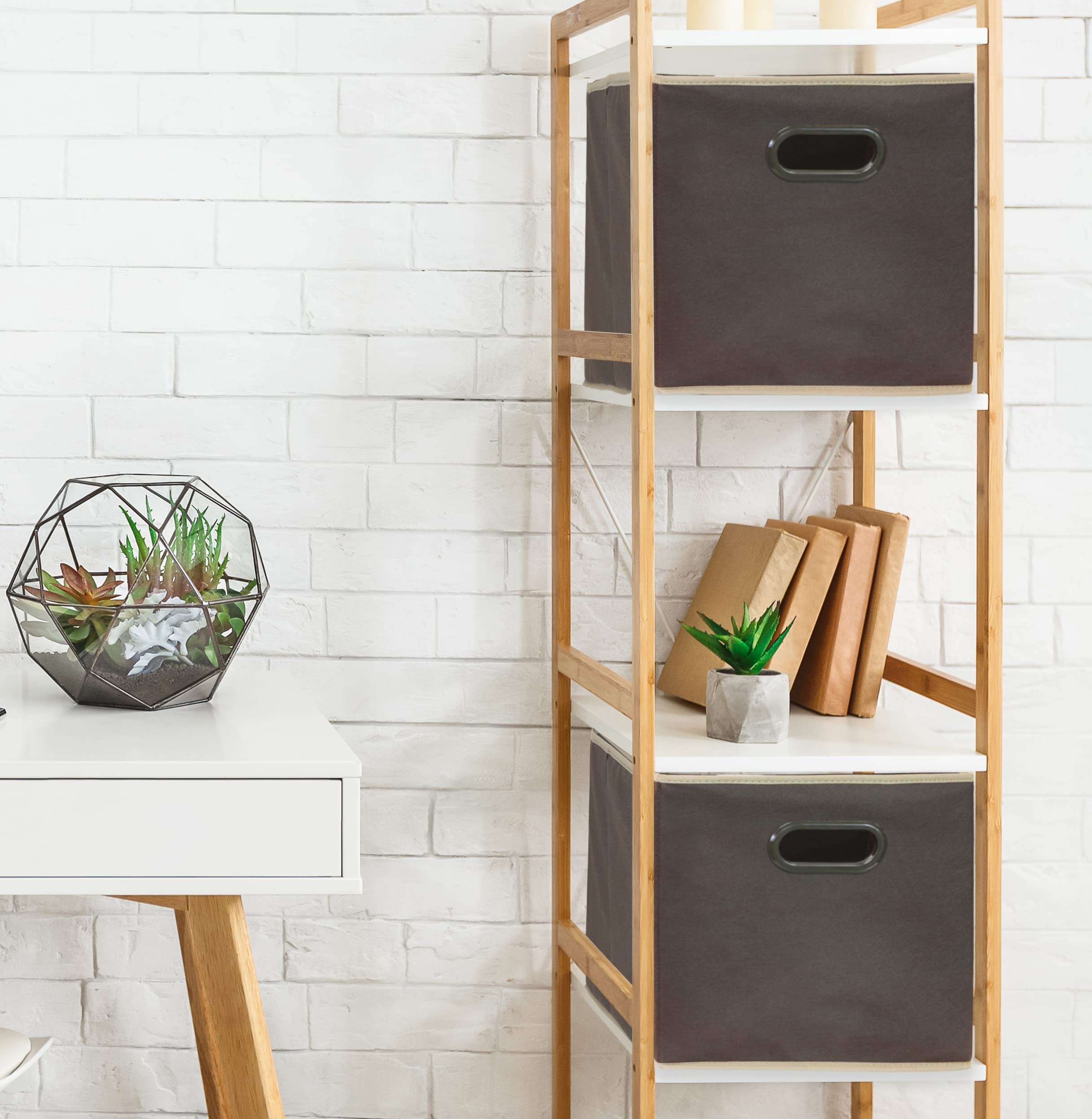 Simple Houseware Foldable Cube Storage Bin With Handle, Brown - 6 Pack
