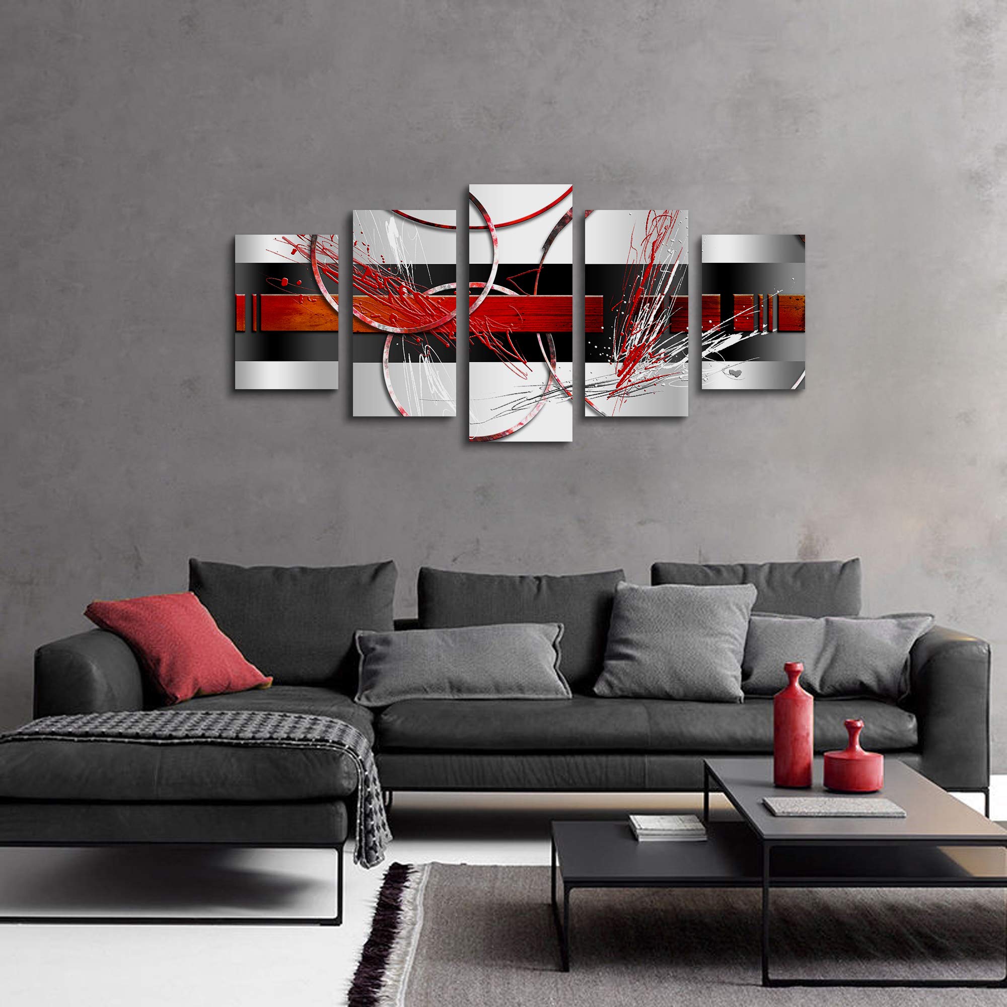 Black Red Picture - Abstract Circle Wall Art Square Picture  Line  and Canvas Painting  Art  Livingroom Decor (A 40''Wx20''H)