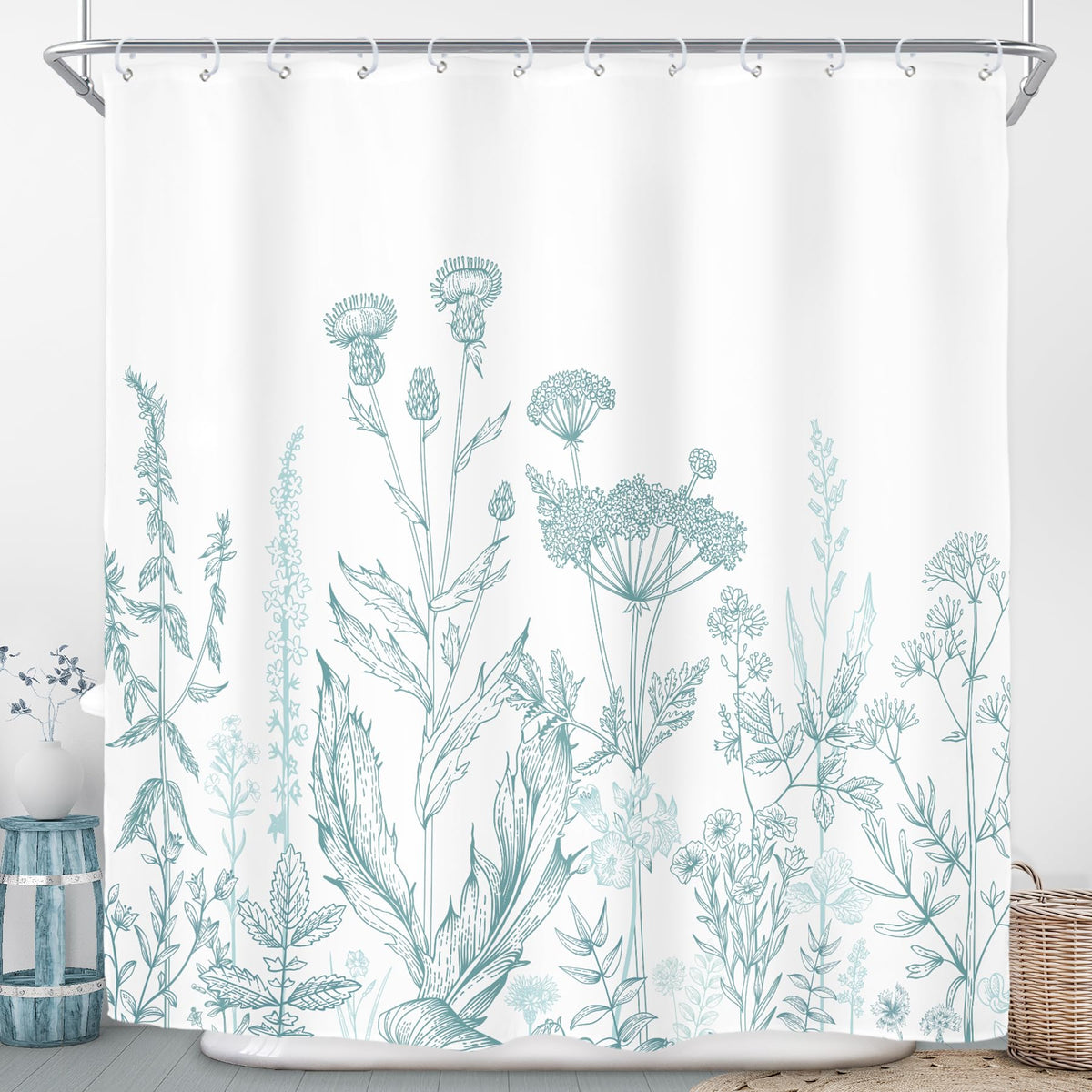 Riyidecor Teal Blue Floral Wildflower Shower Curtain For Bathroom Decor 72Wx72H Rustic Botanical Plant Leaves Farmhouse Spring N
