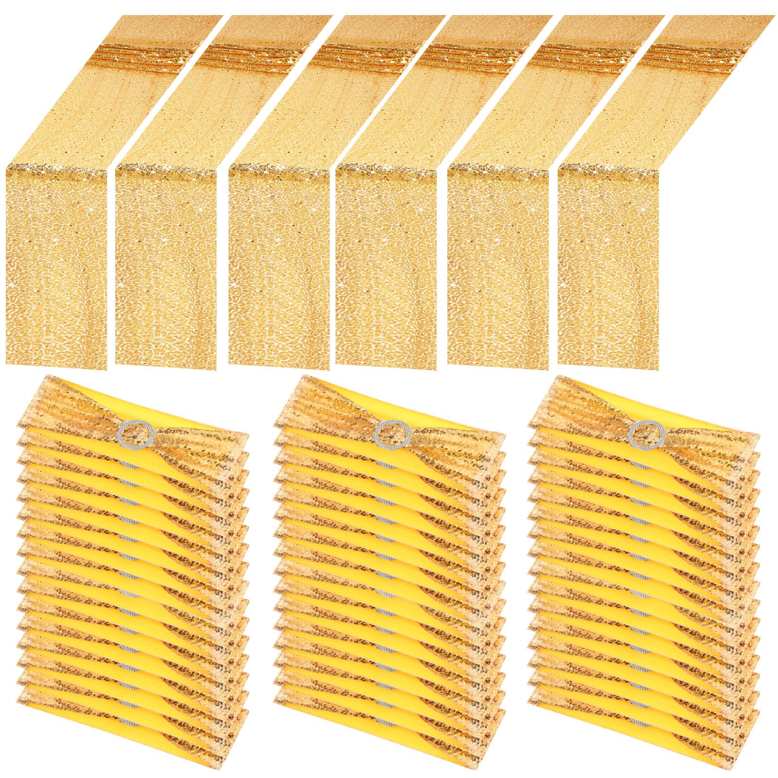 Newwiee 54 Pcs Gold Sequin Chair Sashes and Table Runners, 48 Sequin Chair Bows, 6 Glitter Table Runners for Birthday Party Wedd