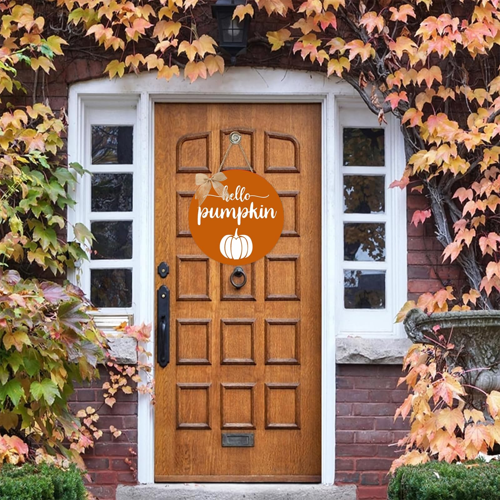 Thanksgiving Door Decorations Fall Decor - Hello Pumpkin Wall Sign Decorations - Wooden Door Hangers Wreath with Bow for The Hom