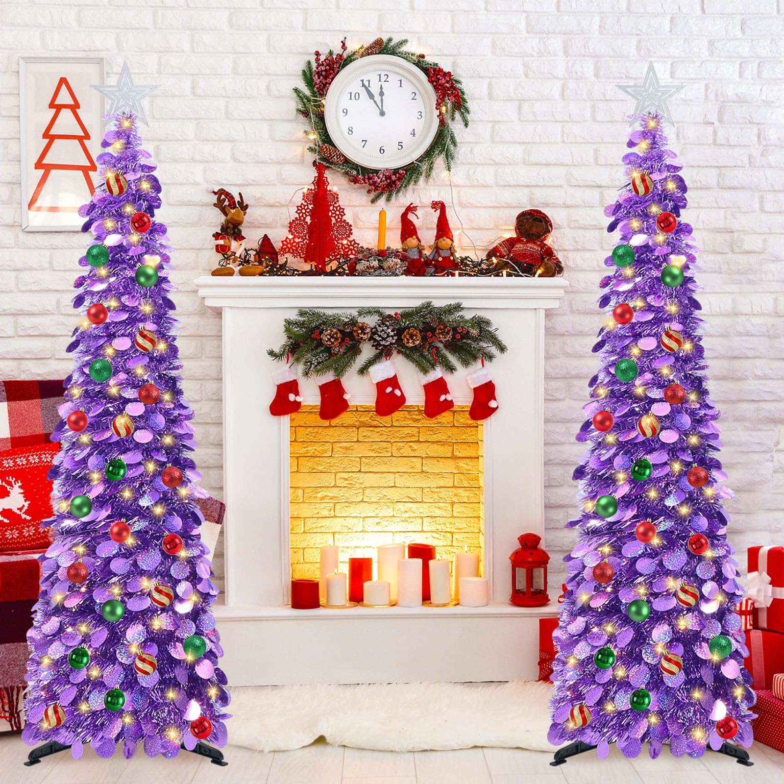 SINTENILL 5 FT Pop Up Christmas Tree with Timer Lights and Decorations, Purple Artificial Tinsel Christmas Tree with 24 Ball Orn
