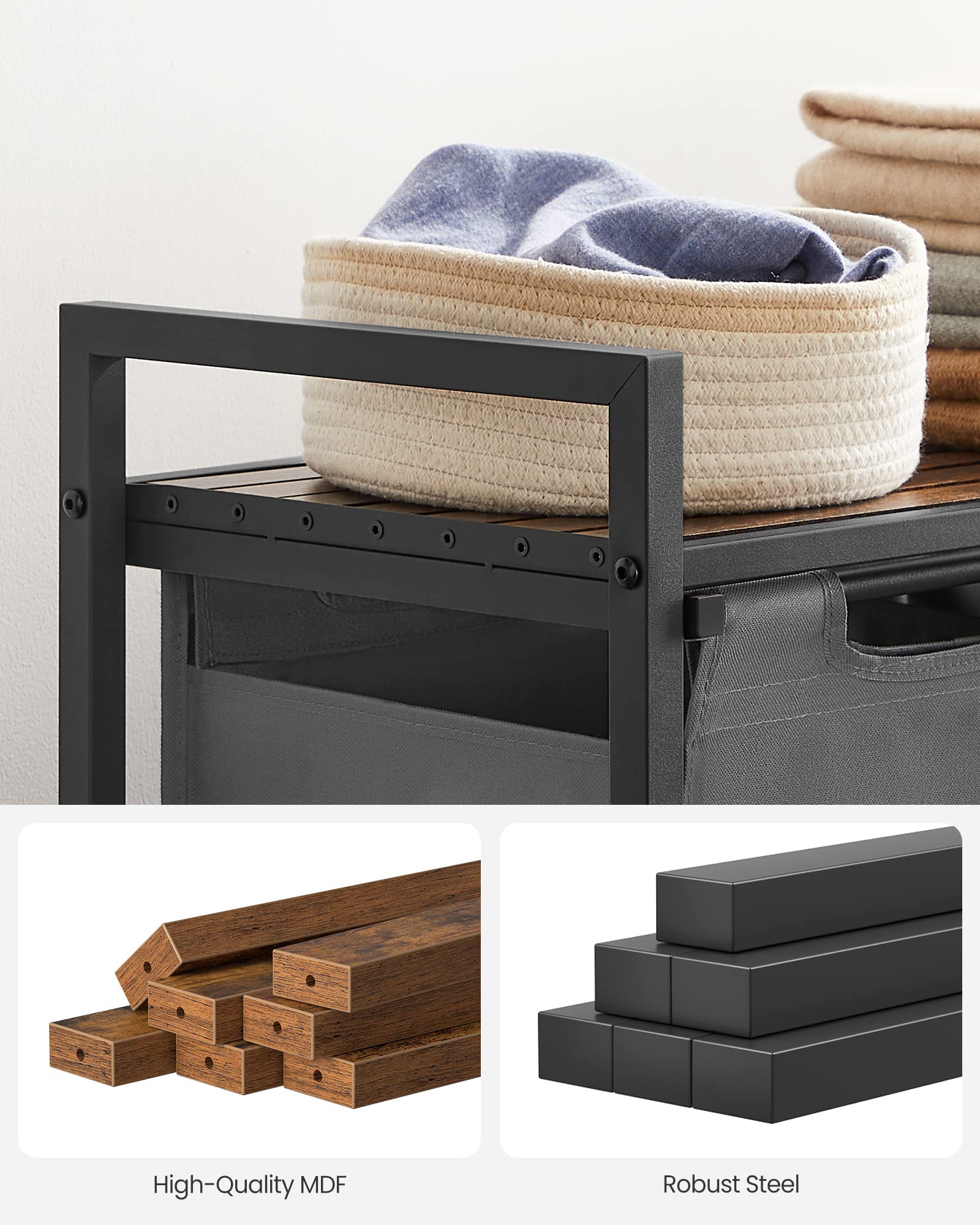 Vasagle Laundry Hamper, Laundry Basket, Laundry Sorter With 2 Pull-Out And Removable Bags, Shelf, Metal Frame, 2 X 12.1 Gallons