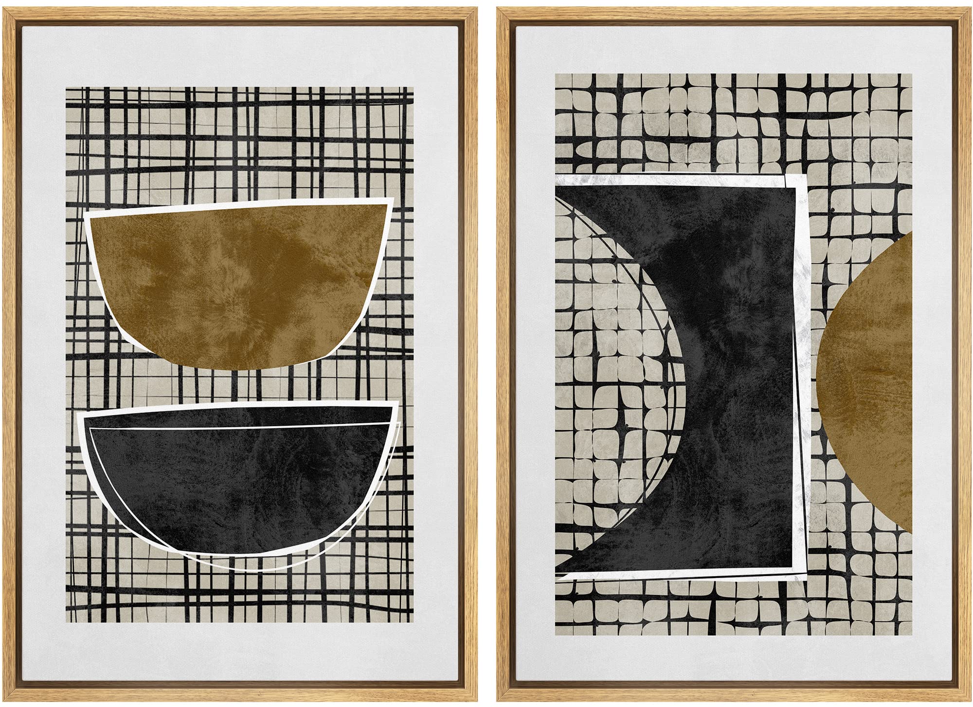 Signwin Framed Canvas Print Wall Art Set Mid-Century Art Deco Dark Geometric Collage Abstract Shapes Illustrations Minimal Decor