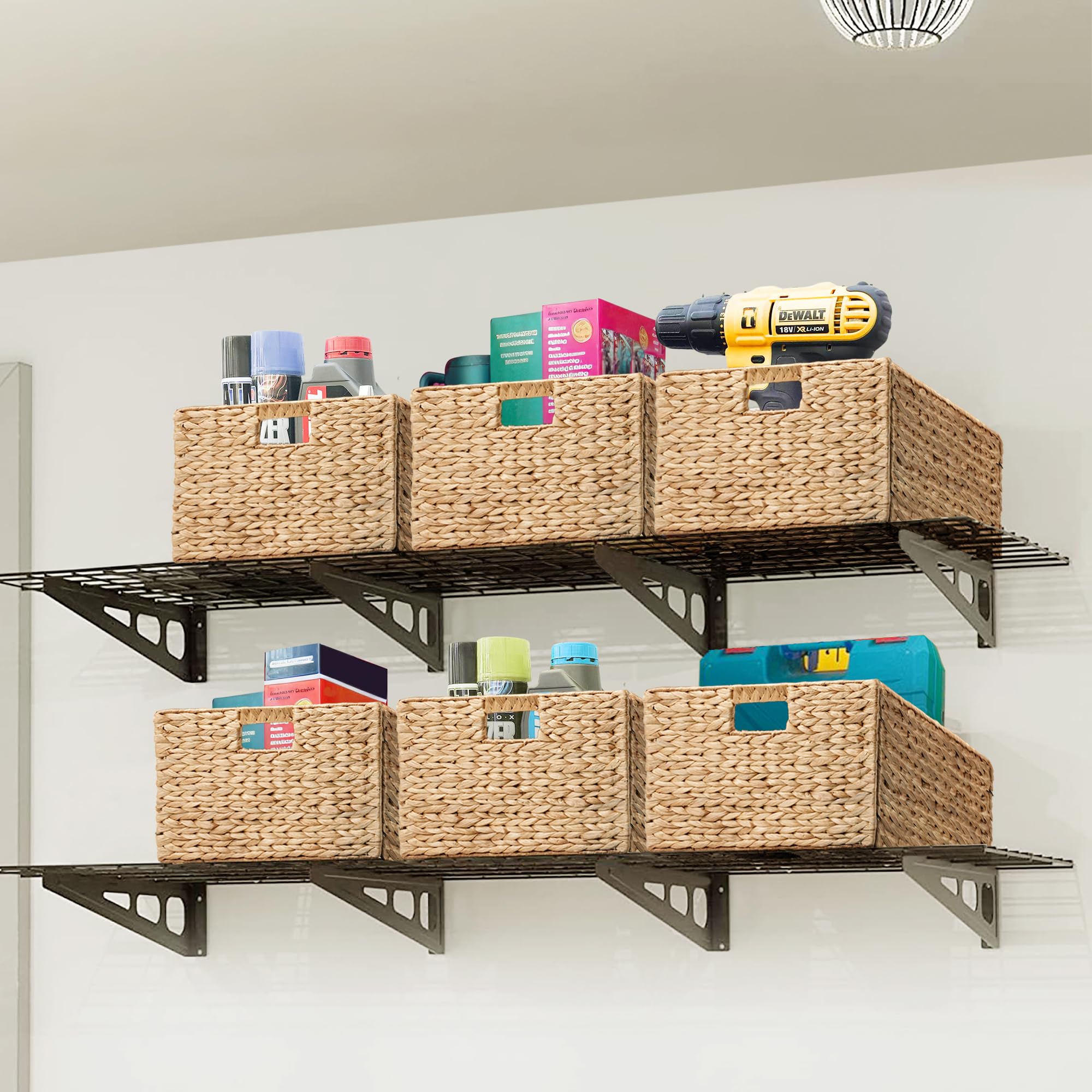 eHemco Rectangular Water Hyacinth Wicker Storage Baskets with Iron Wire Frame and Built-in handles 16.1''x12.6''x9.5''  Light Brown  Set of 4