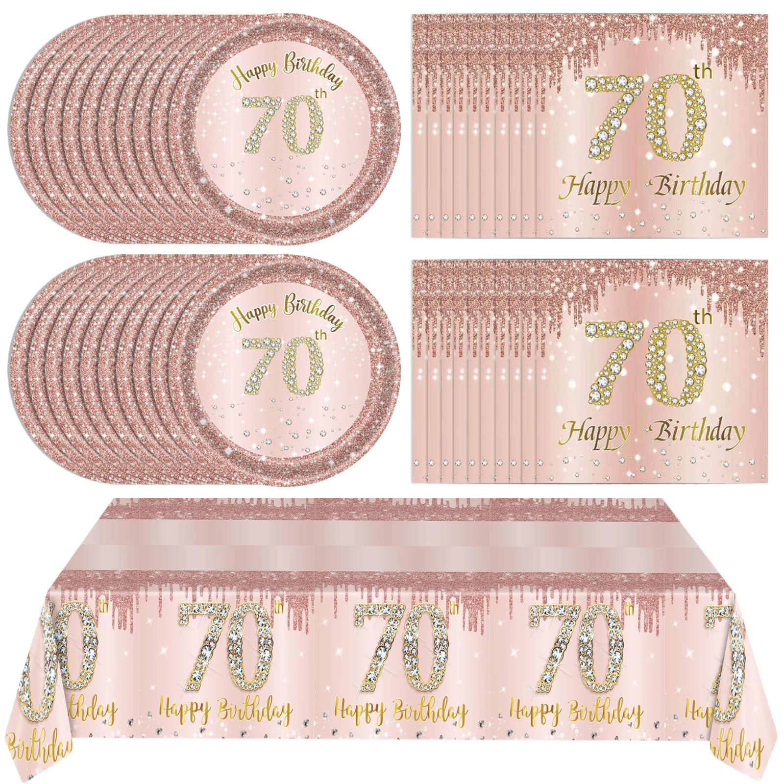 41Pcs 70Th Birthday Decorations, Rose Gold Birthday Party Supplies Include 20Pcs Plates 20Pcs Napkins And 1Piece Tablecloth, Swe
