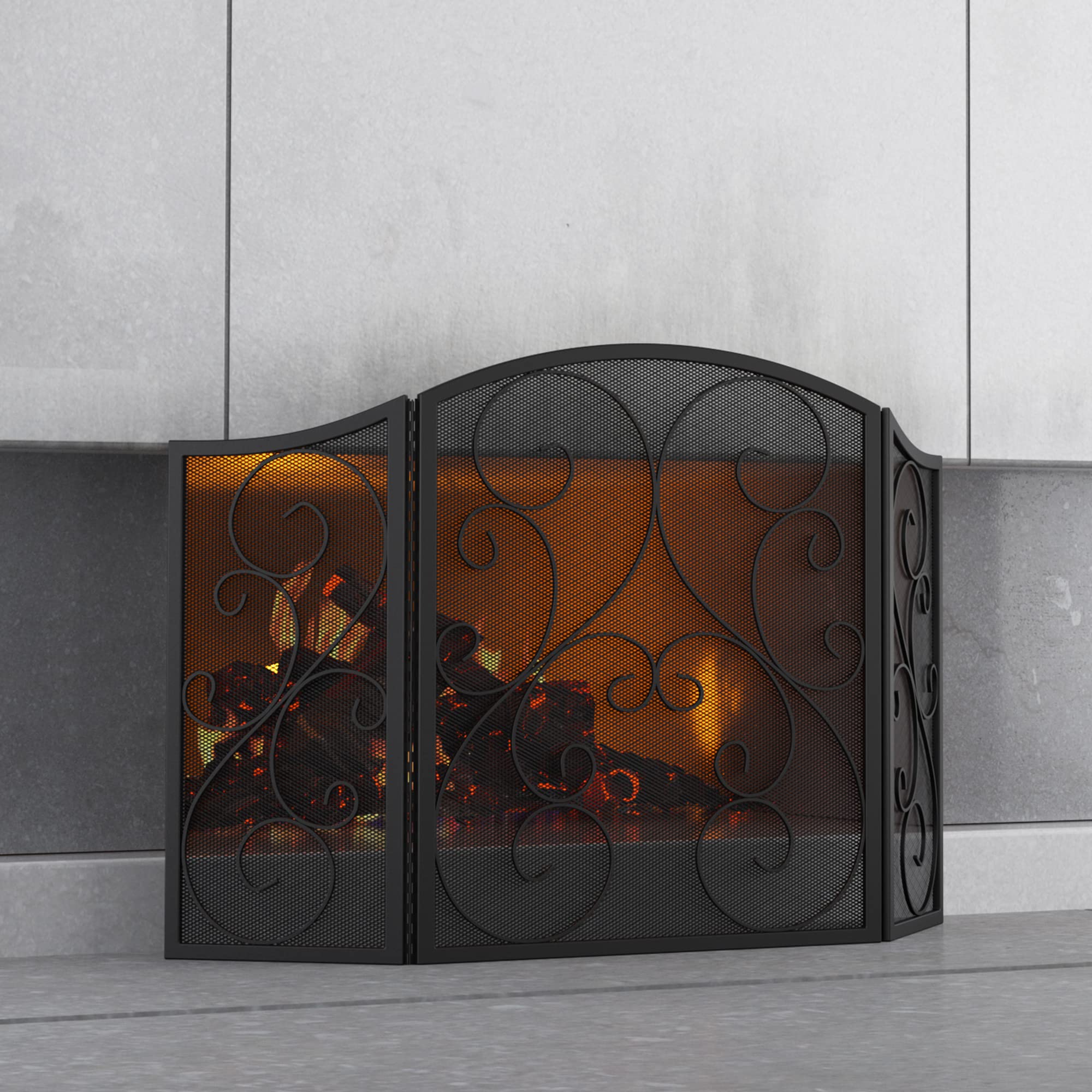 Fire Beauty Fireplace Screen 3 Panel Wrought Iron Black Metal 48 ''(L) X30(H) Spark Guard Cover(Black)