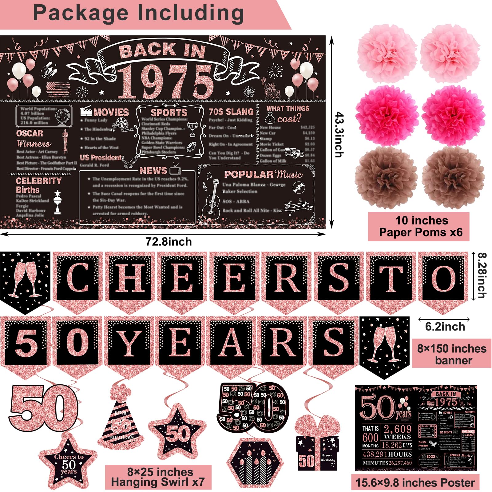 50Th Birthday Decorations For Women,16Pcs Back In 1975 Party Banner Decorations,Including Vintage 1975 Backdrop,Cheers To 50 Yea