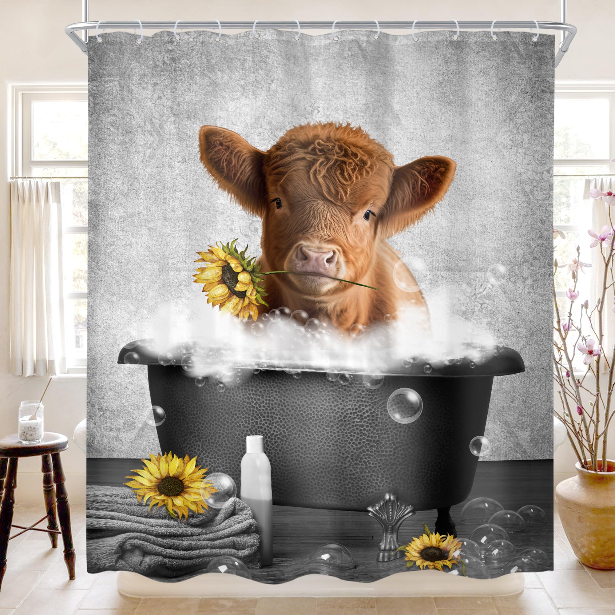 Cinbloo Farmhouse Grey Highland Cow Shower Curtain 60Wx72H Country Western Cute Cattle Bathroom Curtain Funny Calf With Sunflowe