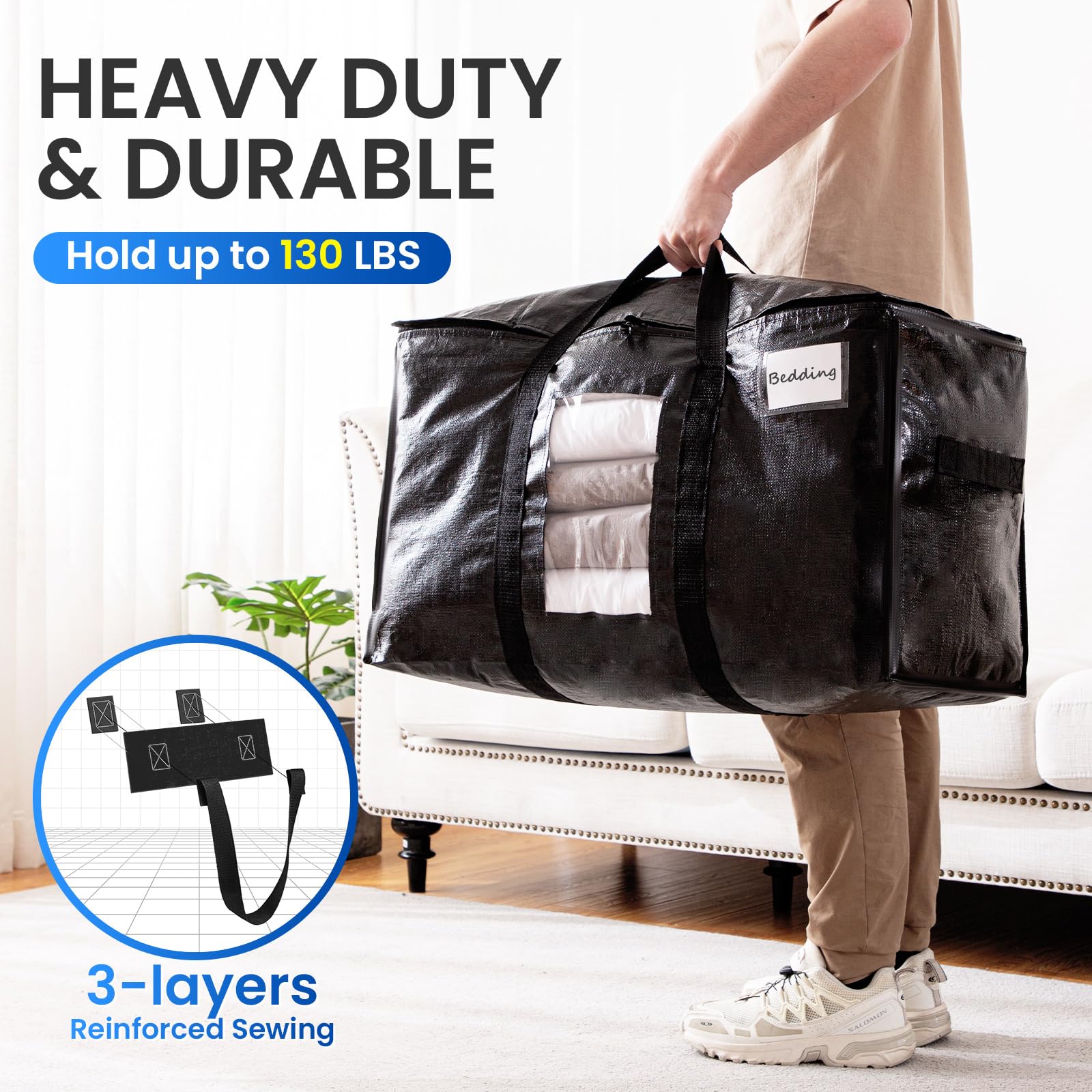 TAILI Moving Bags Silver Heavy Duty Extra Large 4 Pack Storage Bags with zips,Clear Window & Reinforced Handles, Waterproof stor