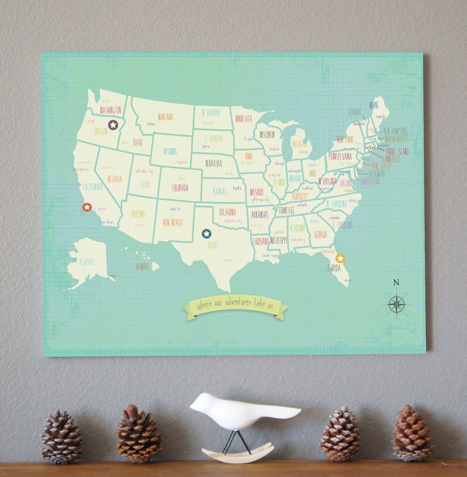 My Travels Personalized Usa Map, 24 X 18 Wall Art Print Poster, Bohemian Boho Nordic Style For Children Kids Toddlers Baby Newbo