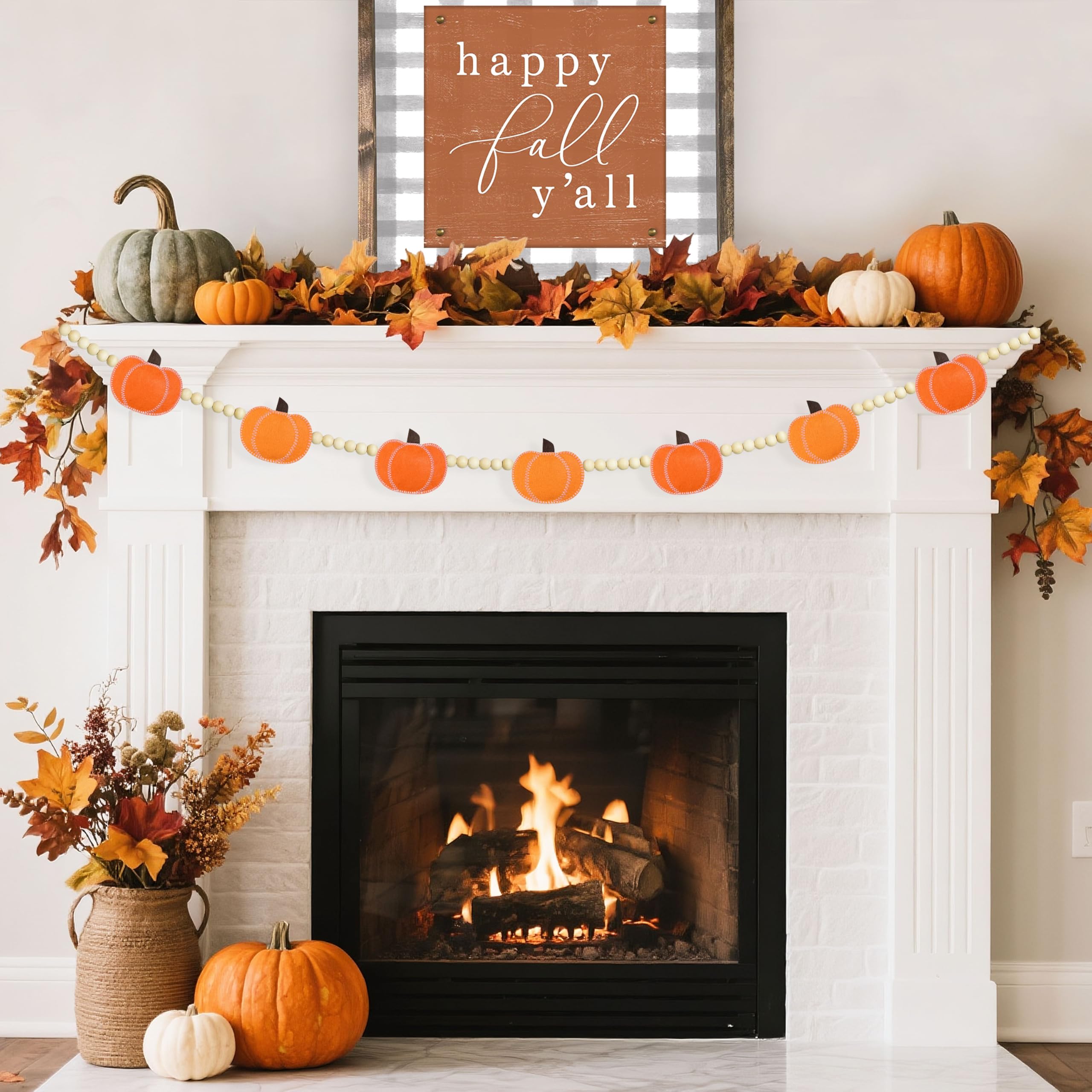 Thanksgiving Decorations Pumpkin Garland, Adjustable Wood Bead Felt Pumpkins Hanging Garland, Fall Banner for Home Mantel Firepl