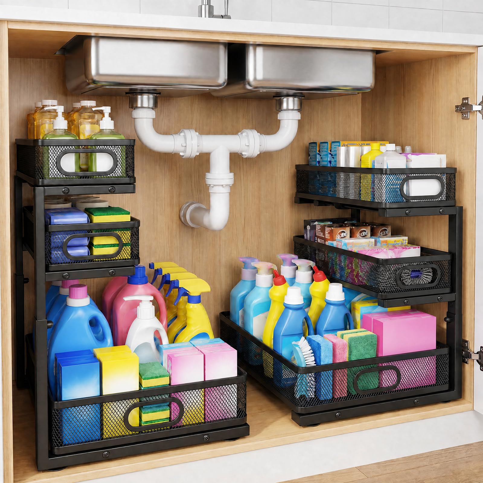 3Tier Under Sink Organizer 2Pack Organization for Bathroom Kitchen,Black
