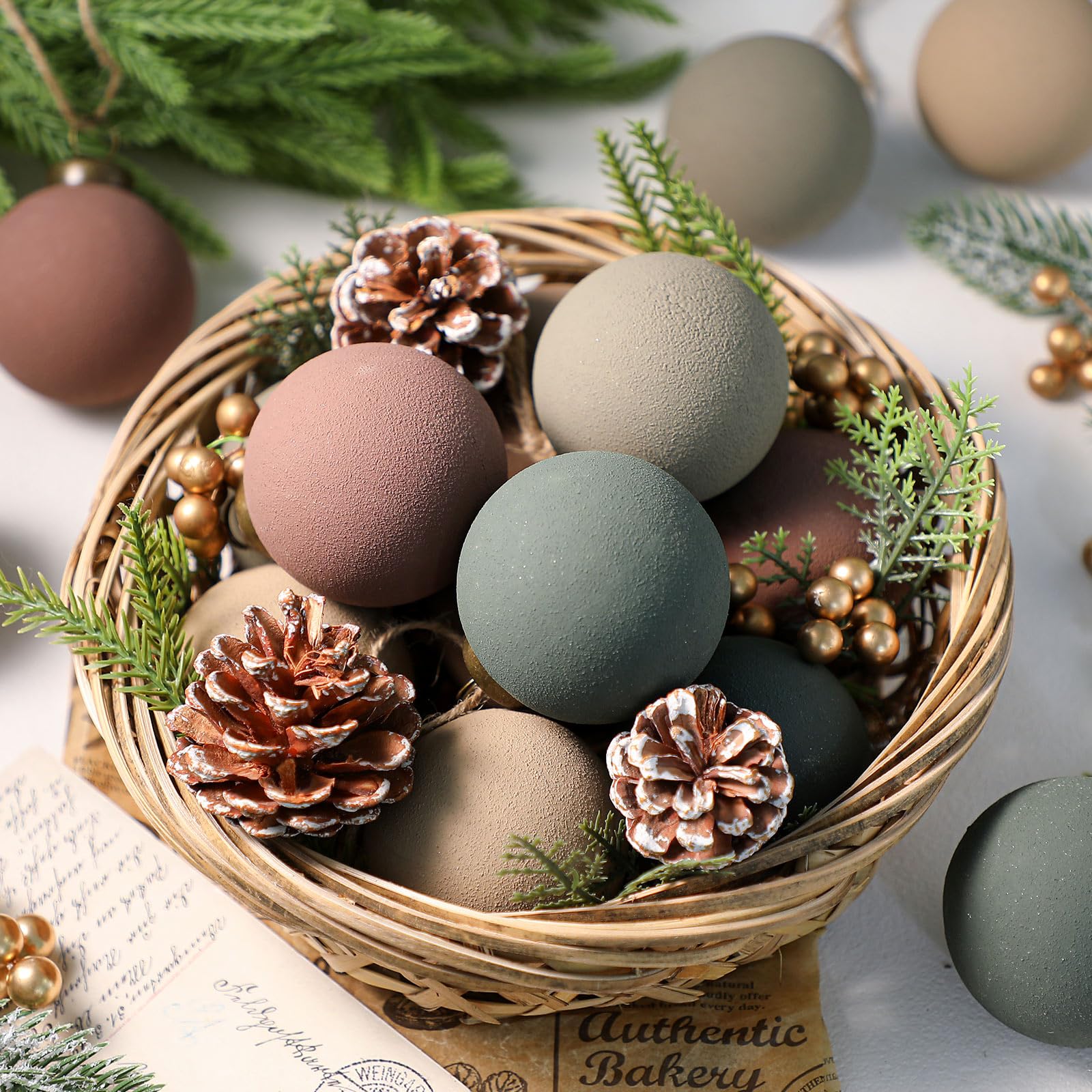 15 Pcs Neutral Matte Christmas Ball Ornaments 2.36'' Textured Rustic Boho Brown Taupe Pine Green Xmas Ball Ornaments Modern Chri