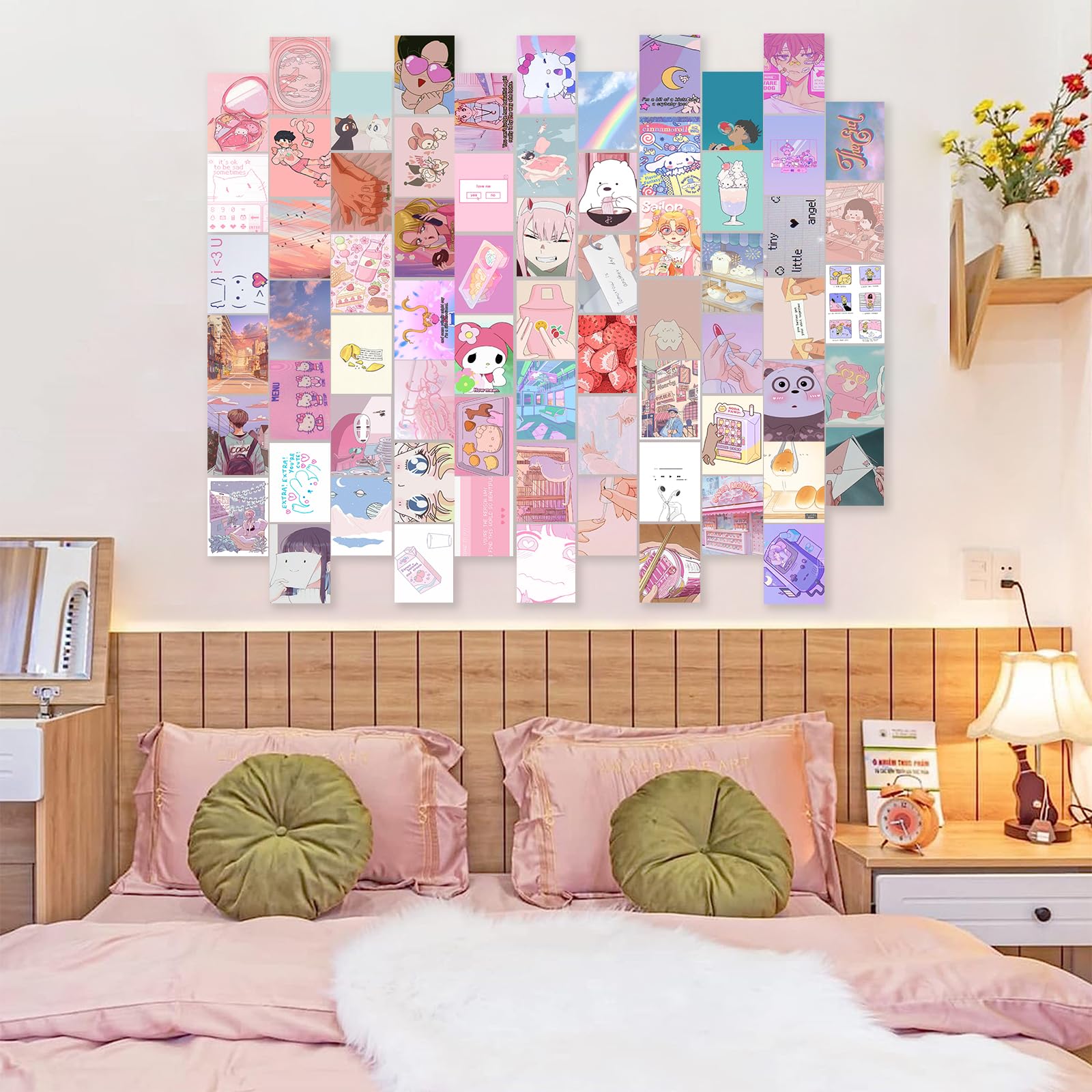 Kbkbart Anime Aesthetic Wall Collage Kit, 70Pcs Kawaii Room Decor, Pink Cartoon Assembled Print Card Set, Anime Photo Wall Colla