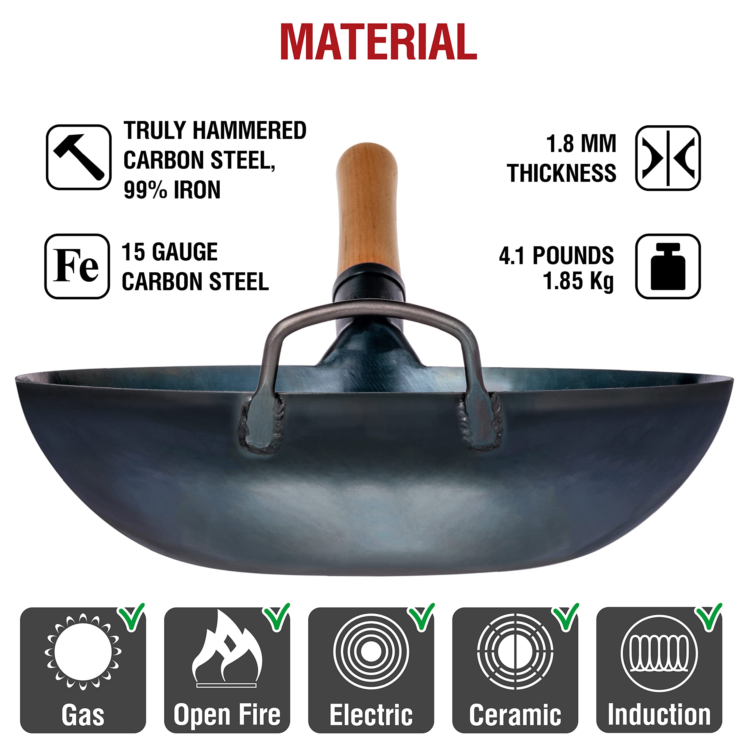 YOSUKATA 13.5" Flat Bottom Wok - Preseasoned Blue Carbon Steel Skillet for Induction Cooktops - Traditional Japanese Cookware